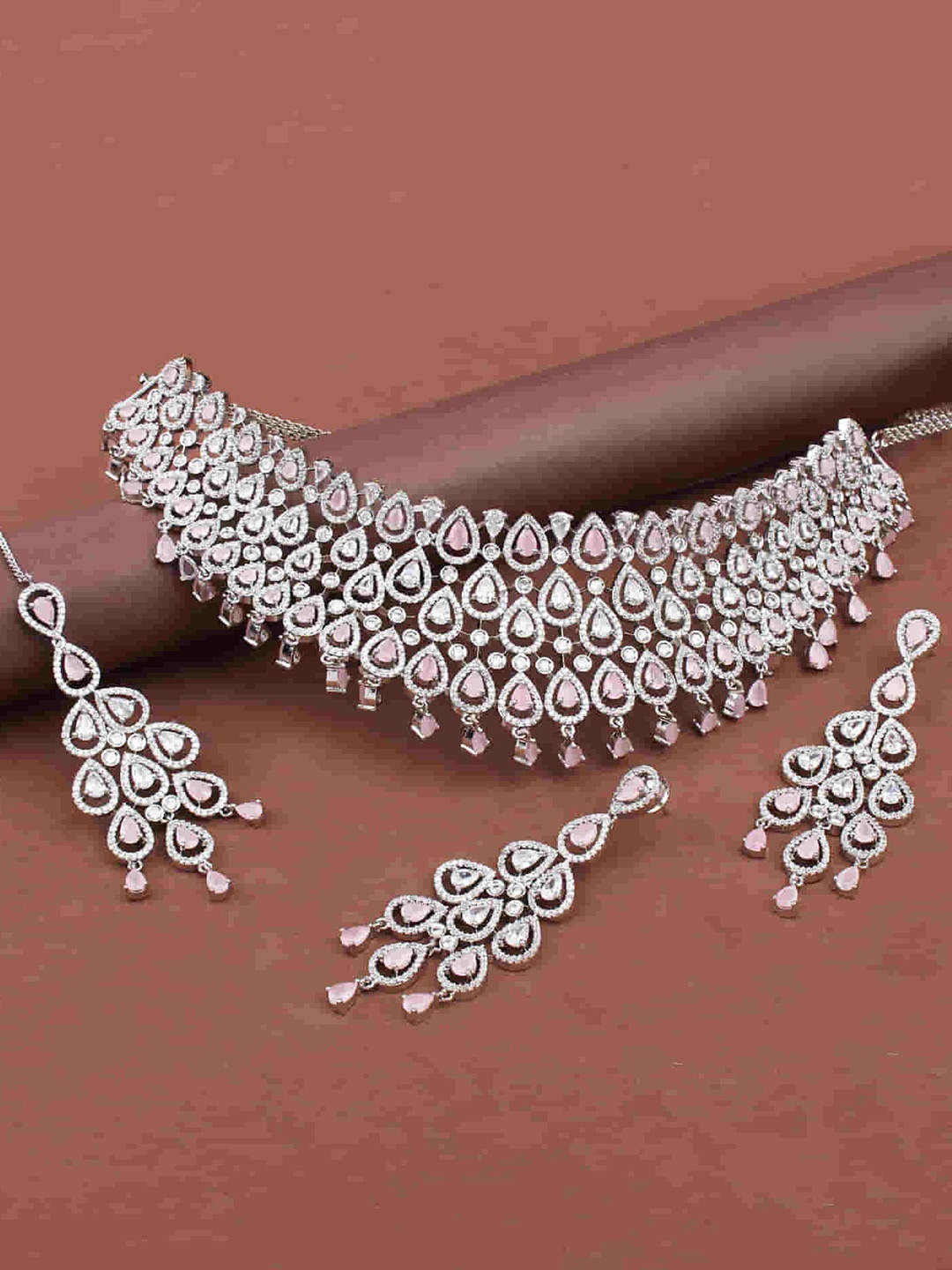 

Mirana Rhodium-Plated Necklace & Earrings With Maang Tika, Silver