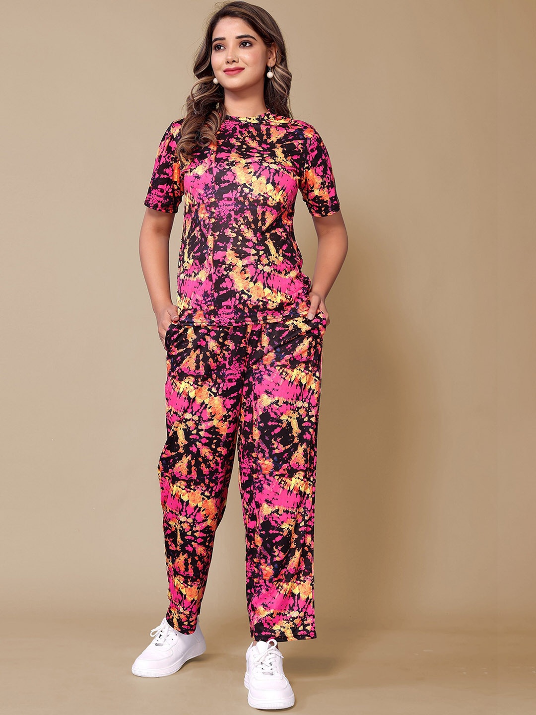 

BAESD Printed Round Neck Top With Trousers, Pink