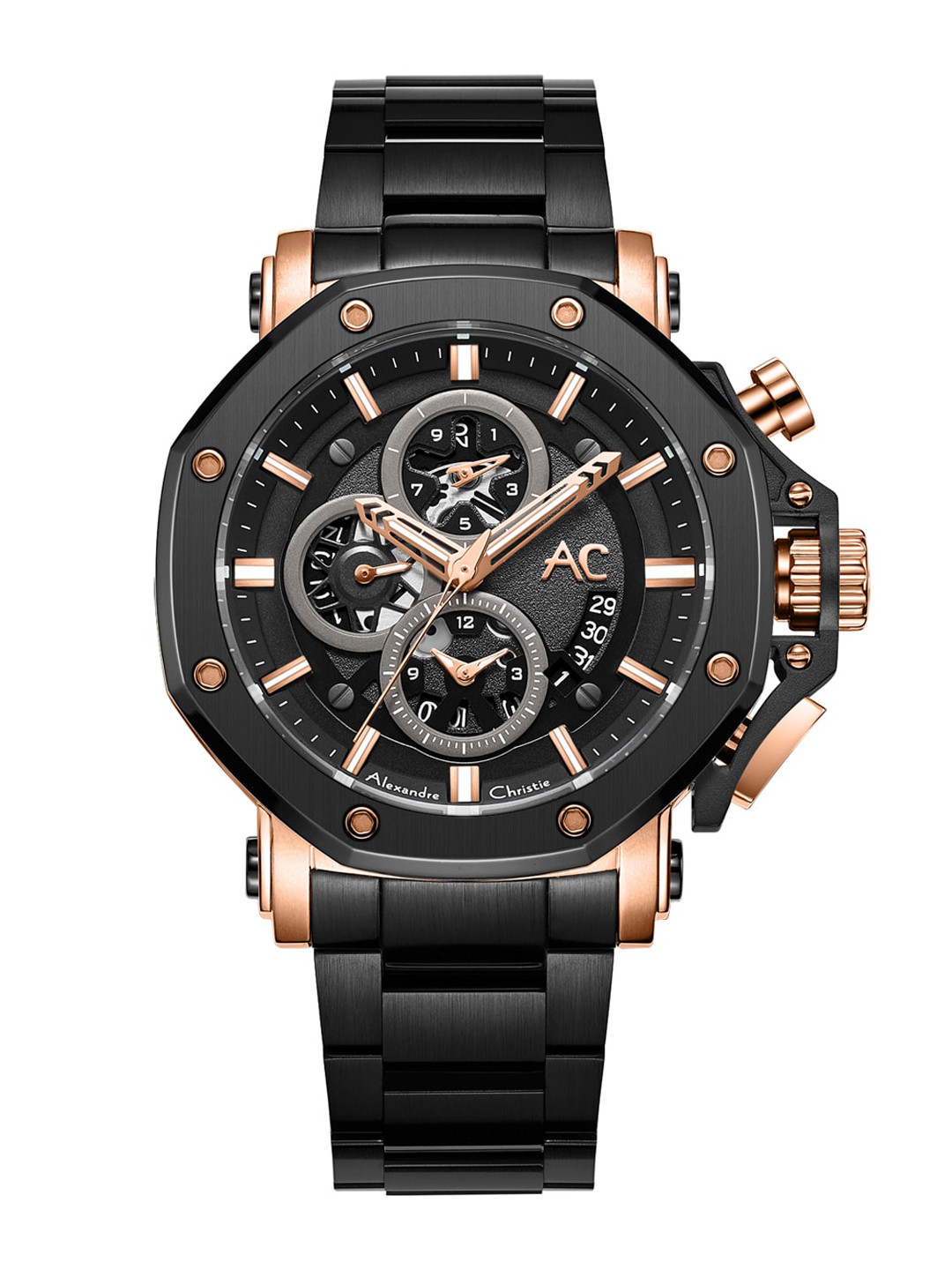 

Alexandre Christie Men Embellished Dial & Stainless Steel Bracelet Straps Analogue Watch, Black