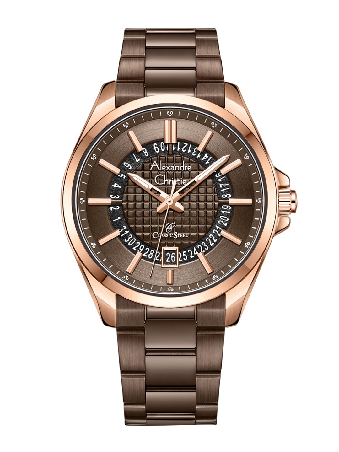 

Alexandre Christie Men Patterned Dial & Stainless Steel Bracelet Straps Analogue Watch, Brown