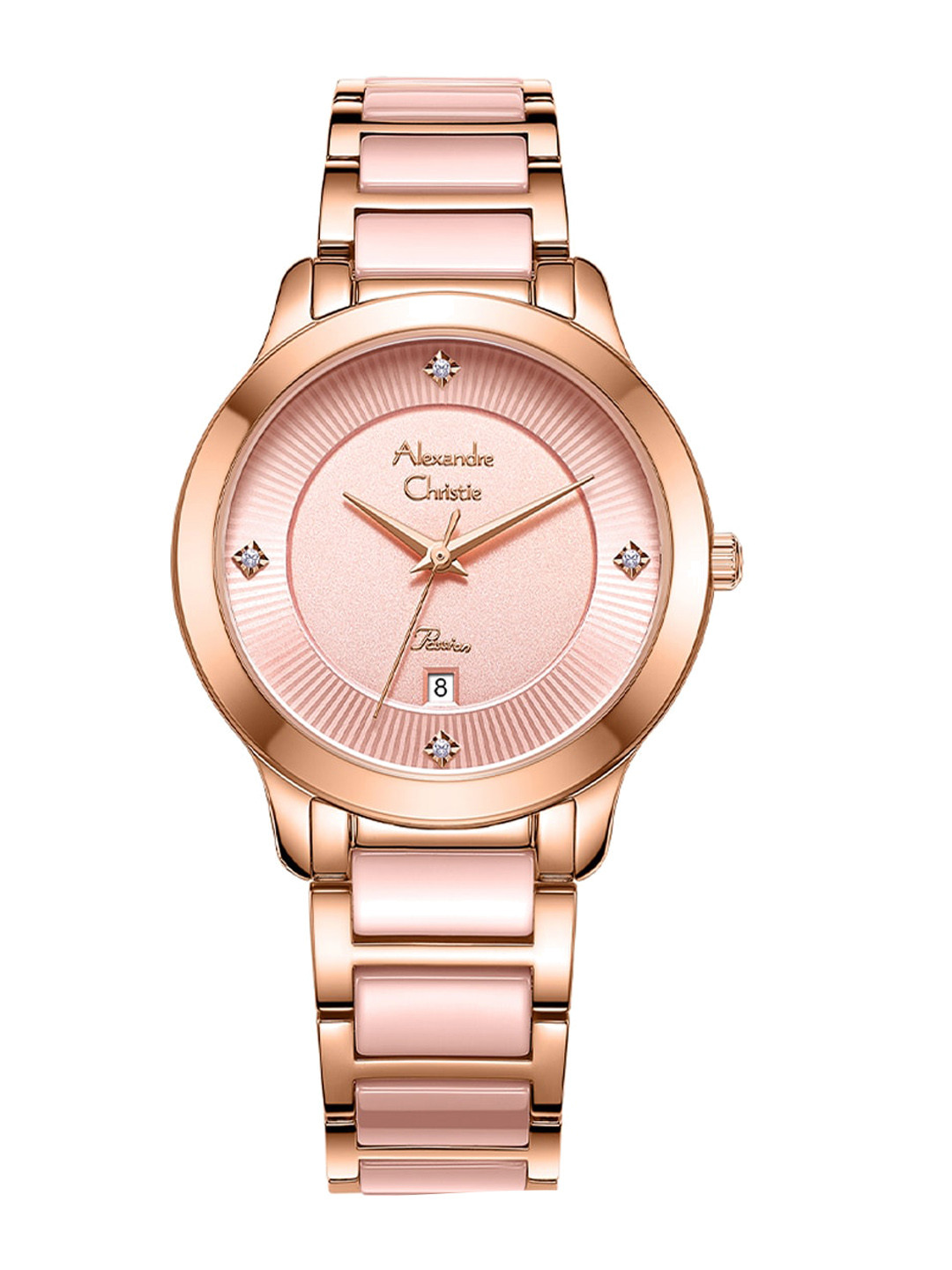

Alexandre Christie Women Stainless Steel Round Bracelet Style Analogue Watch, Rose gold