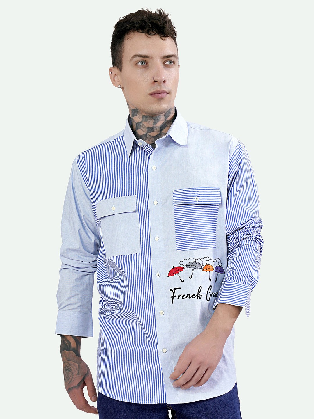 

FRENCH CROWN Standard Opaque Striped Embroidered Casual Shirt, Blue