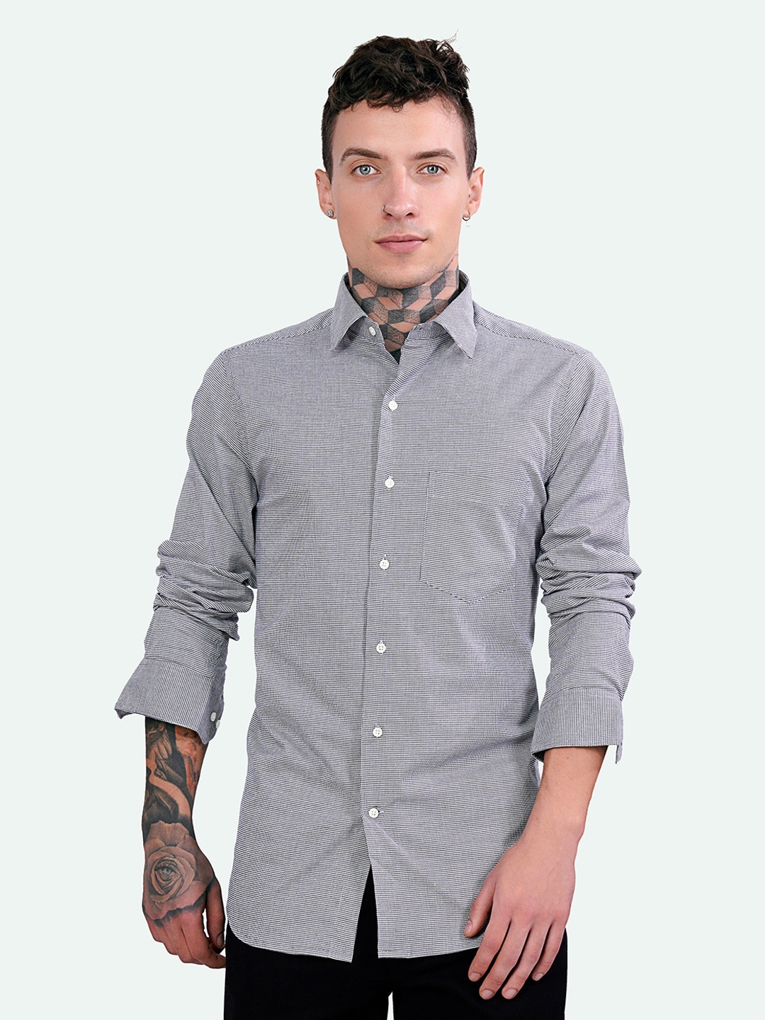 

FRENCH CROWN Standard Micro Checked Cotton Casual Shirt, Grey