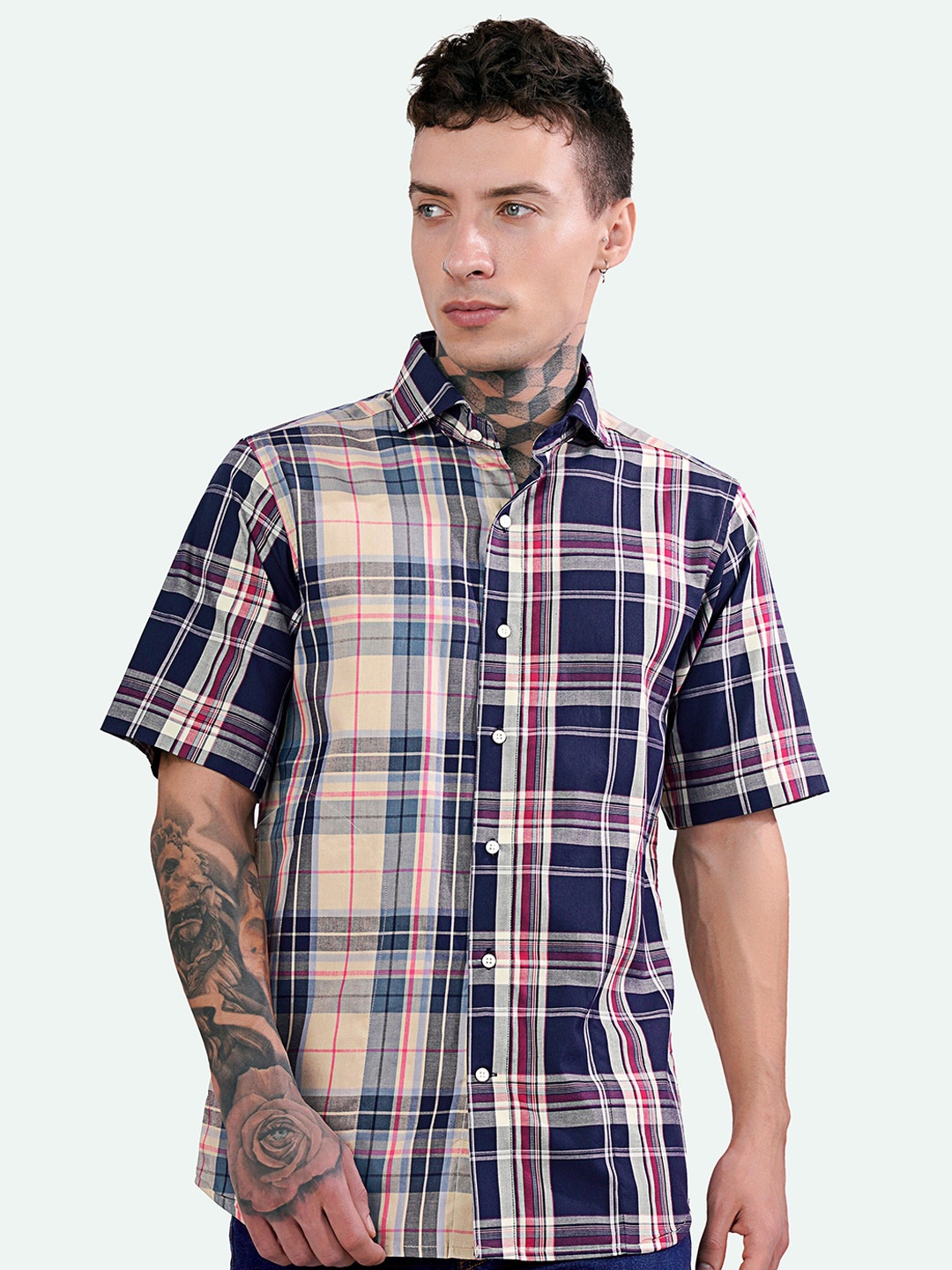 

FRENCH CROWN Standard Tartan Checks Opaque Cotton Casual Shirt, Blue