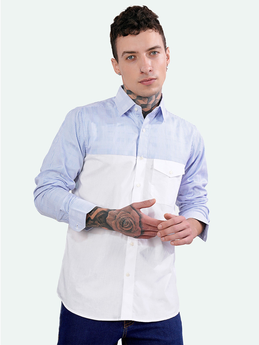 

FRENCH CROWN Striped Standard Striped Casual Cotton Shirt, Blue