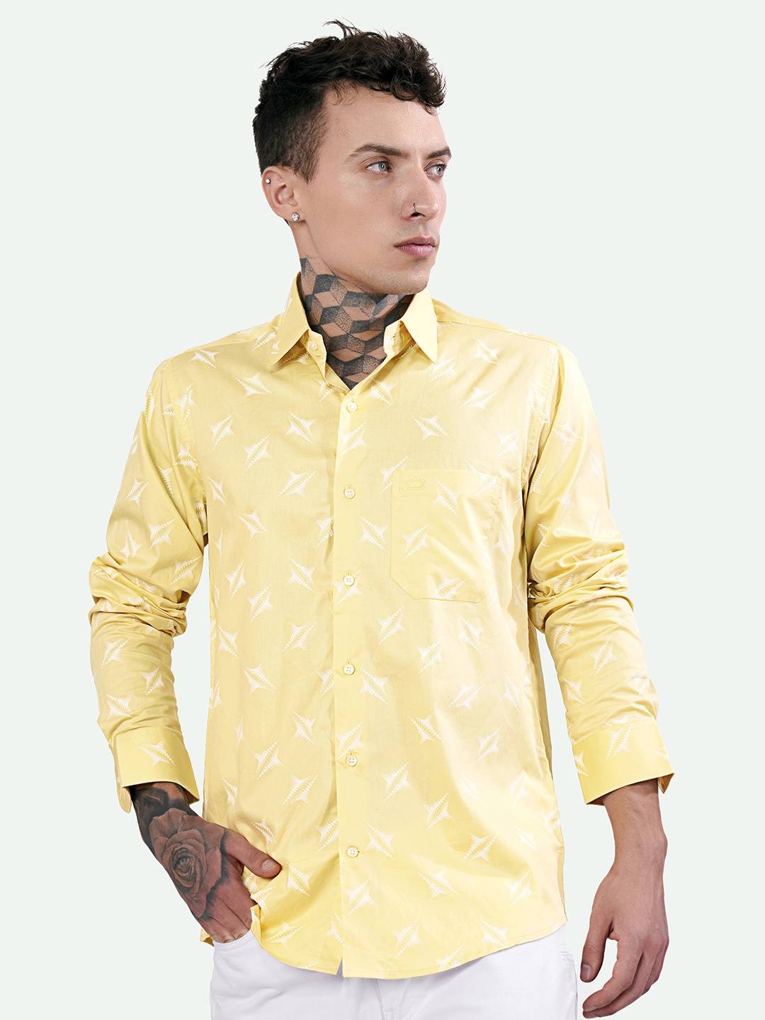 

FRENCH CROWN Standard Geometric Printed Spread Collar Long Sleeves Cotton Casual Shirt, Yellow