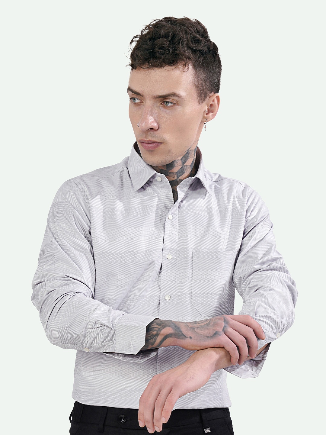 

FRENCH CROWN Standard Textured Spread Collar Long Sleeves Cotton Casual Shirt, Grey