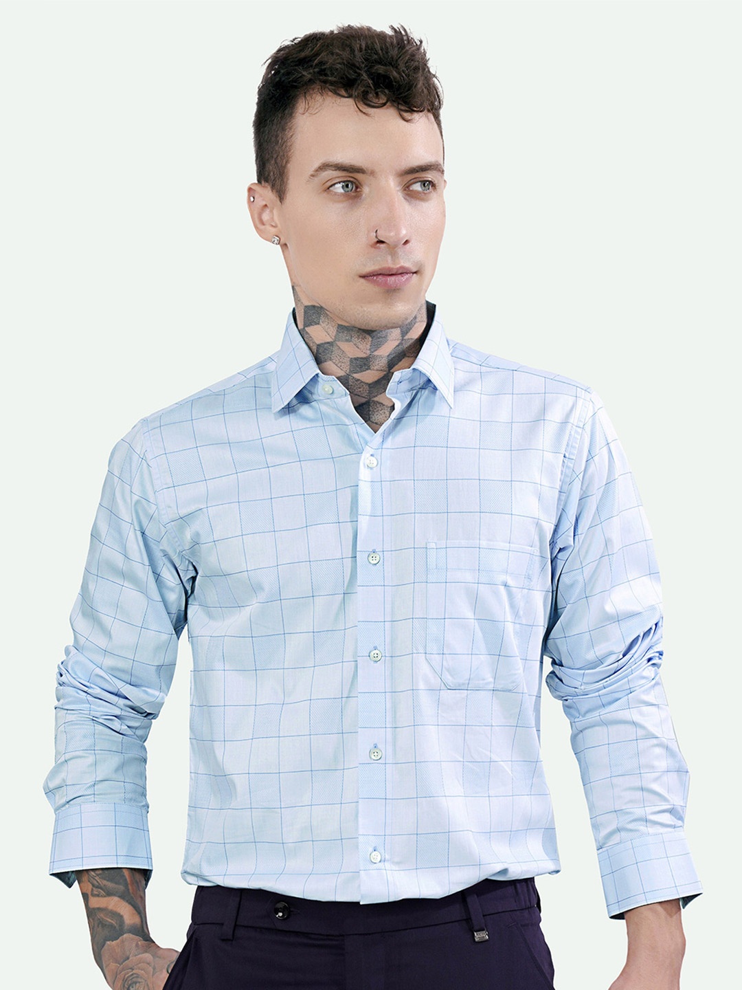 

FRENCH CROWN Standard Checked Cotton Casual Shirt, Blue