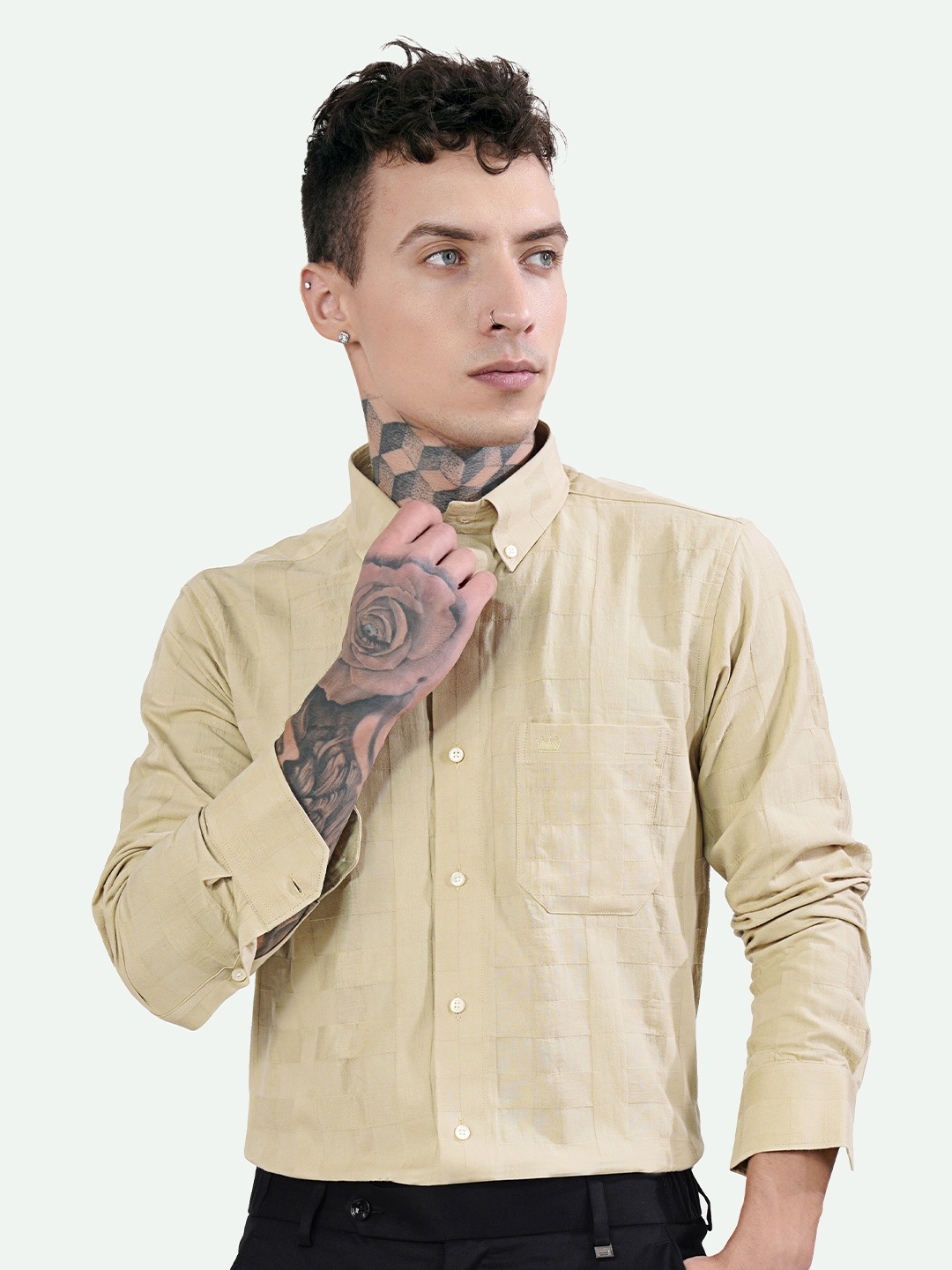 

FRENCH CROWN Standard Self Design Giza Cotton Casual Shirt, Beige