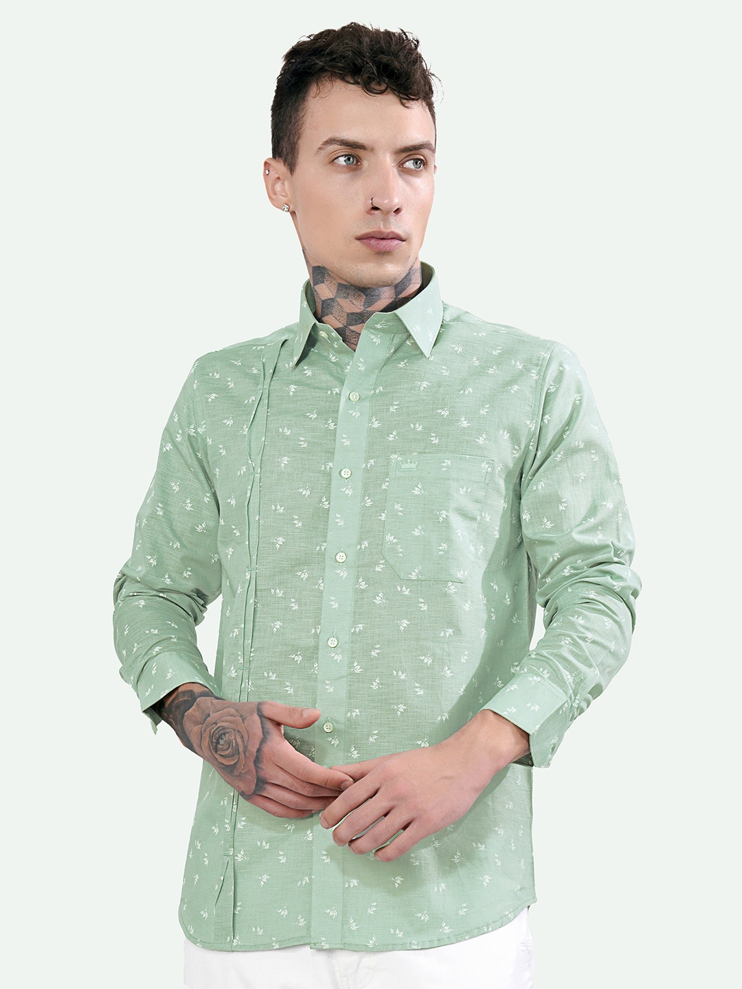 

FRENCH CROWN Standard Printed Linen Cotton Casual Shirt, Green