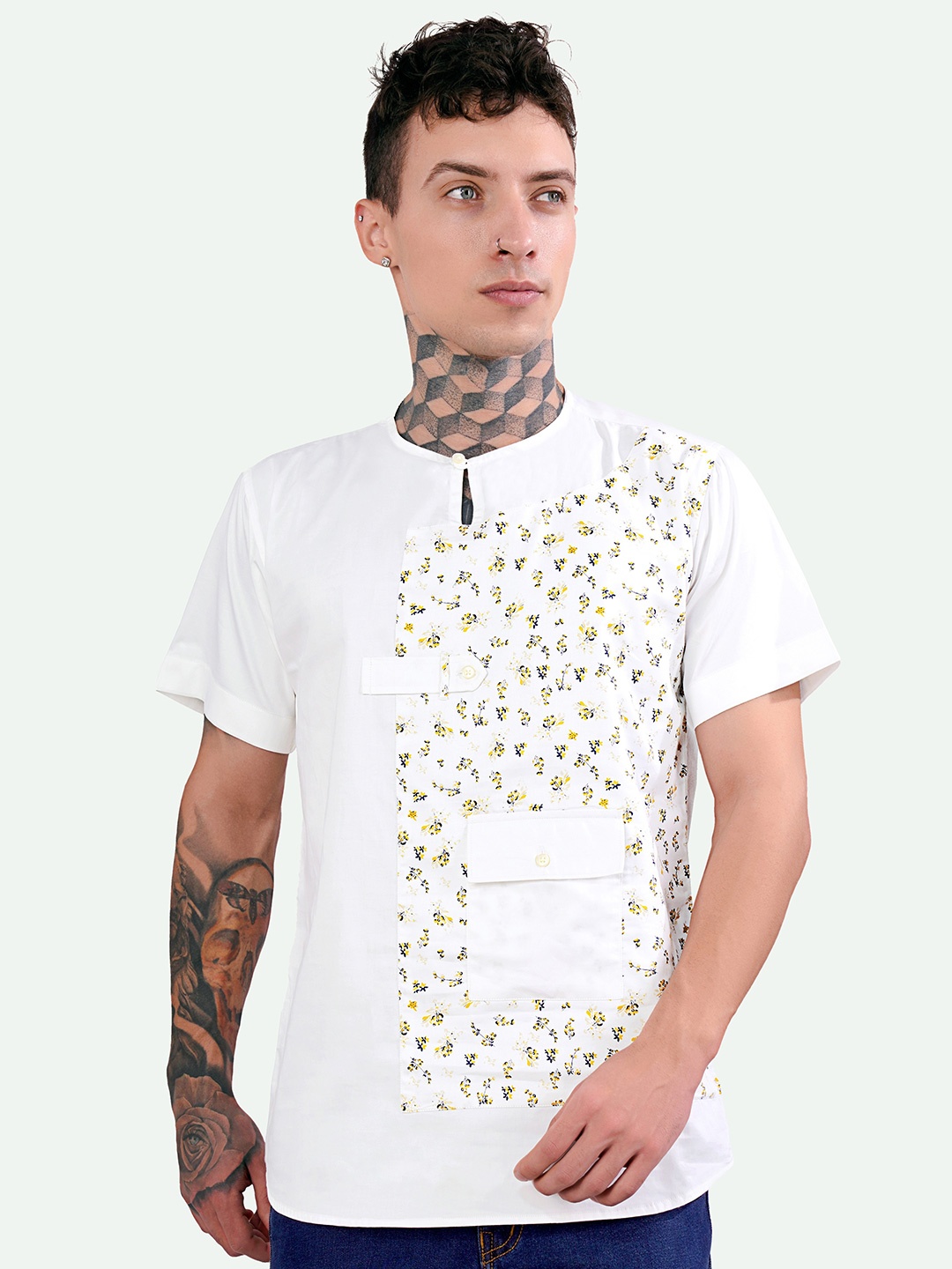 

FRENCH CROWN Standard Floral Printed Keyhole Neck Opaque Cotton Casual Shirt, White