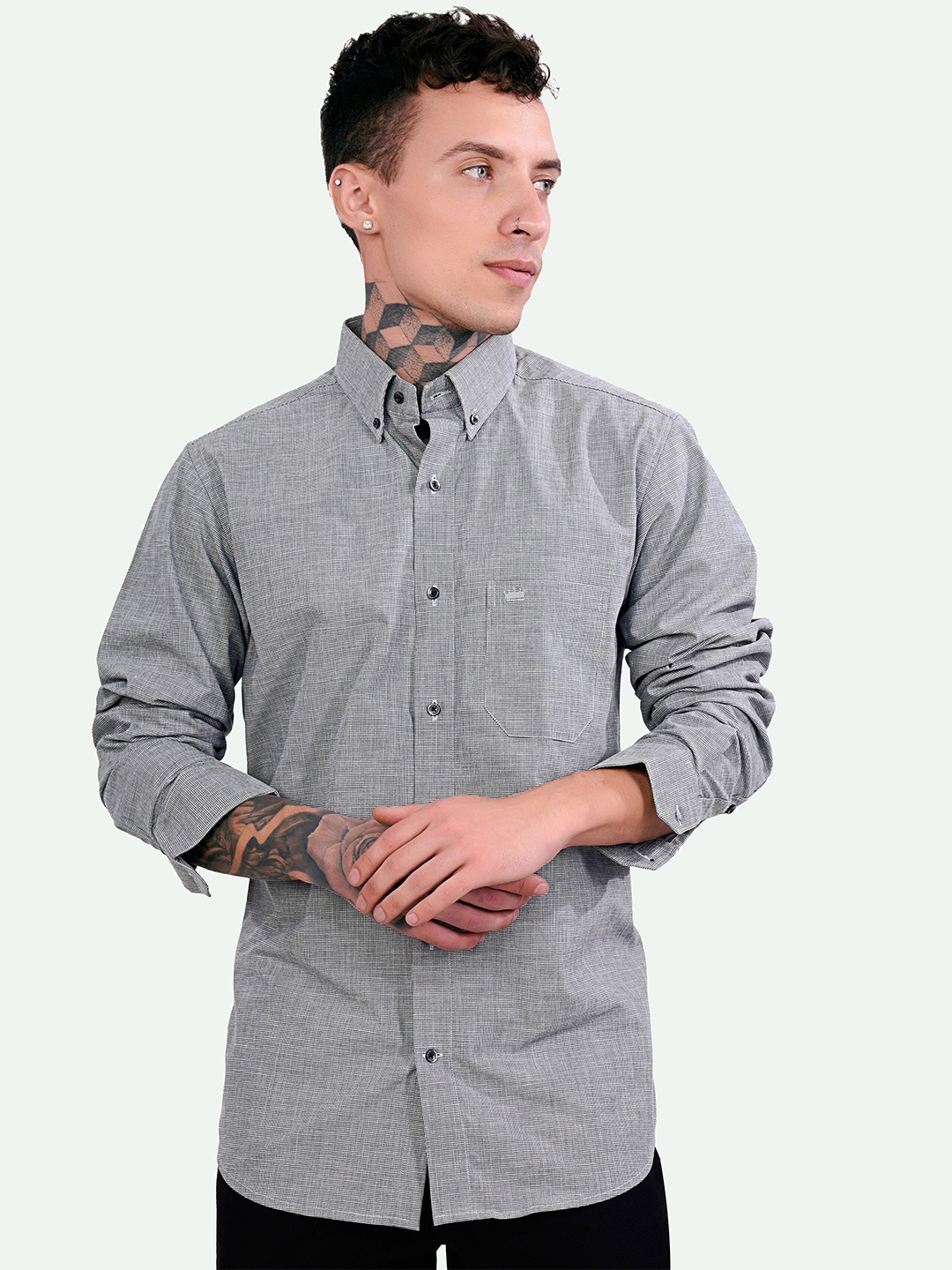 

FRENCH CROWN Standard Button-Down Collar Pure Cotton Casual Shirt, Grey