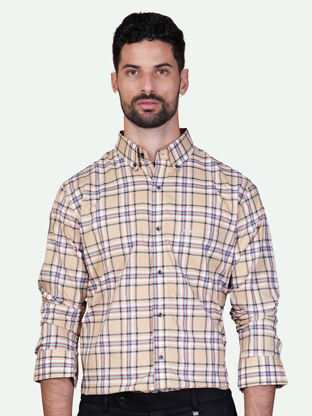 

FRENCH CROWN Standard Tartan Checked Spread Collar Pure Cotton Casual Shirt, Brown