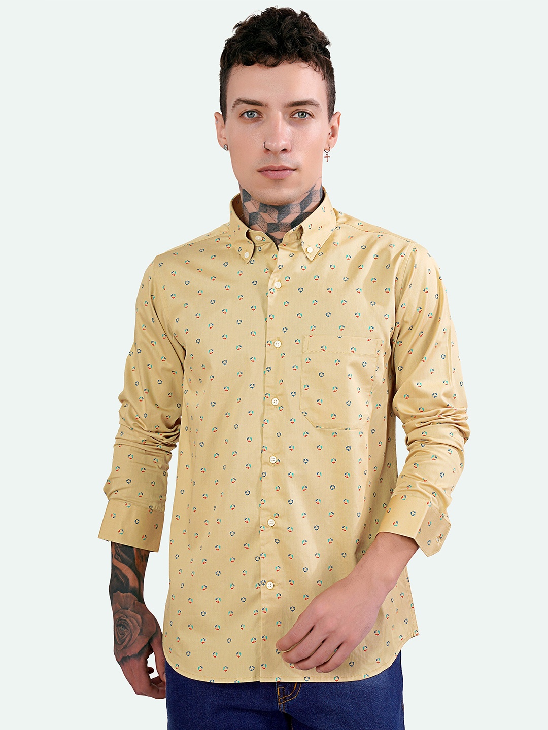 

FRENCH CROWN Standard Micro Ditsy Printed Cotton Casual Shirt, Brown