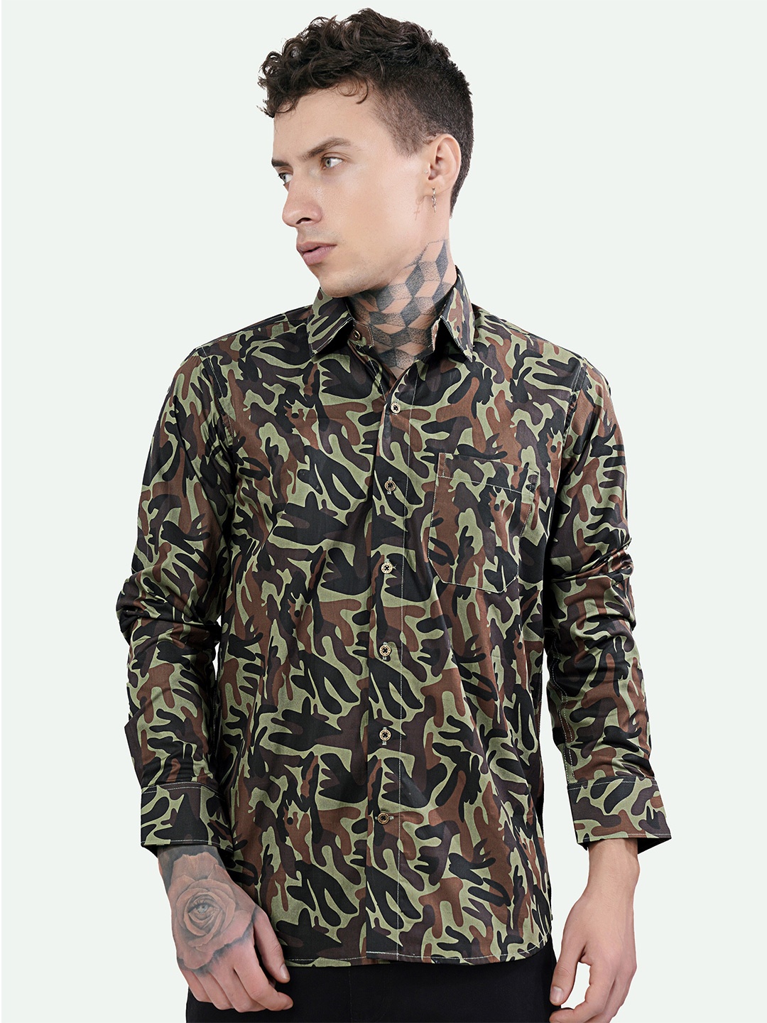 

FRENCH CROWN Standard Camouflage Opaque Printed Cotton Casual Shirt, Green