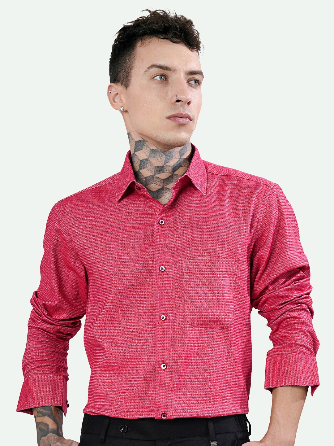 

FRENCH CROWN Standard Geometric Printed Band Collar Cotton Casual Shirt, Pink