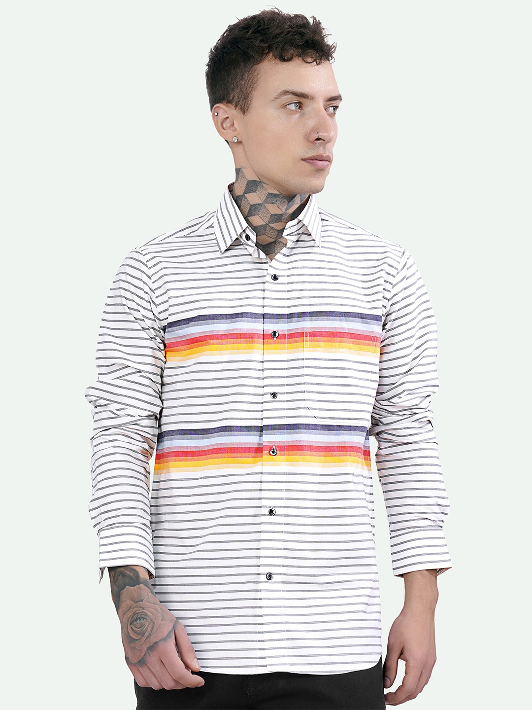 

FRENCH CROWN Standard Striped Cotton Casual Shirt, White