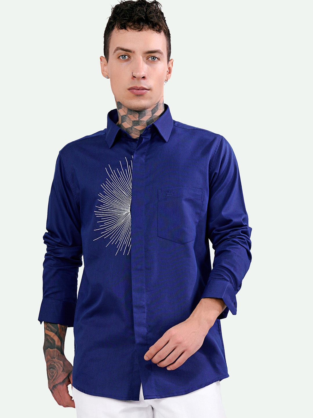 

FRENCH CROWN Standard Embroidered Oxford Cotton Casual Shirt, Blue