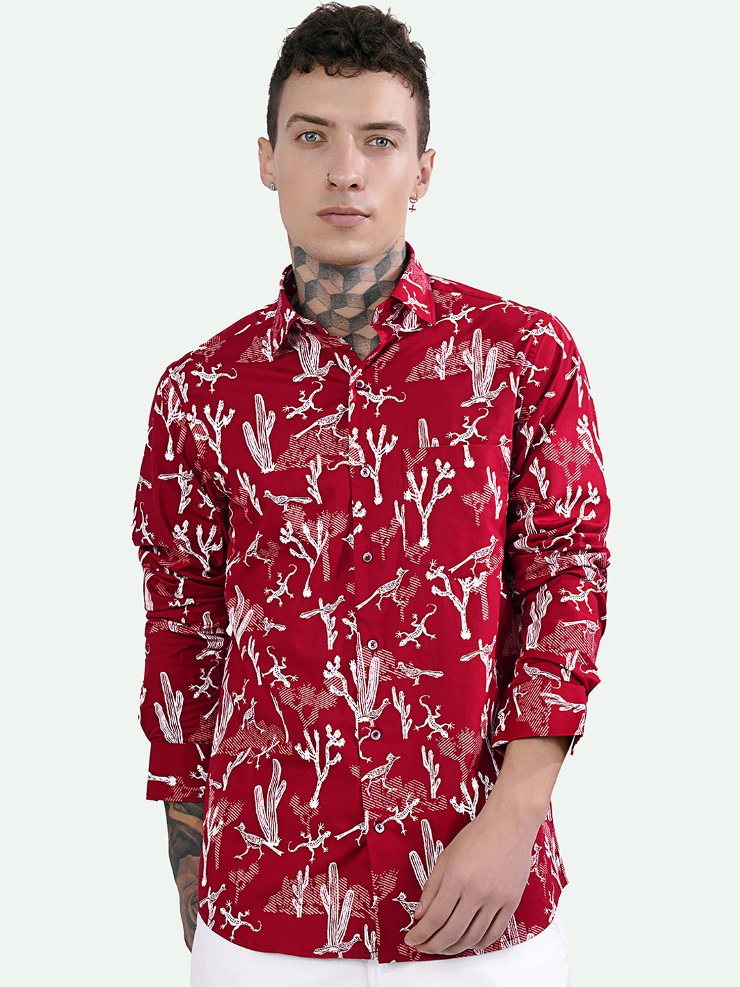 

FRENCH CROWN Standard Floral Opaque Printed Cotton Casual Shirt, Red