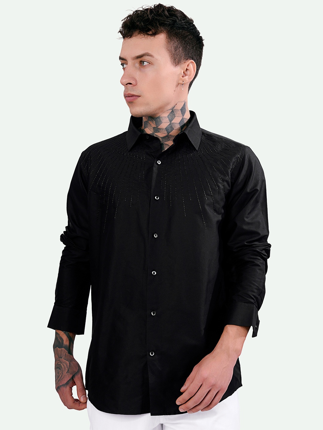 

FRENCH CROWN Embroidered Standard Cotton Casual Shirt, Black