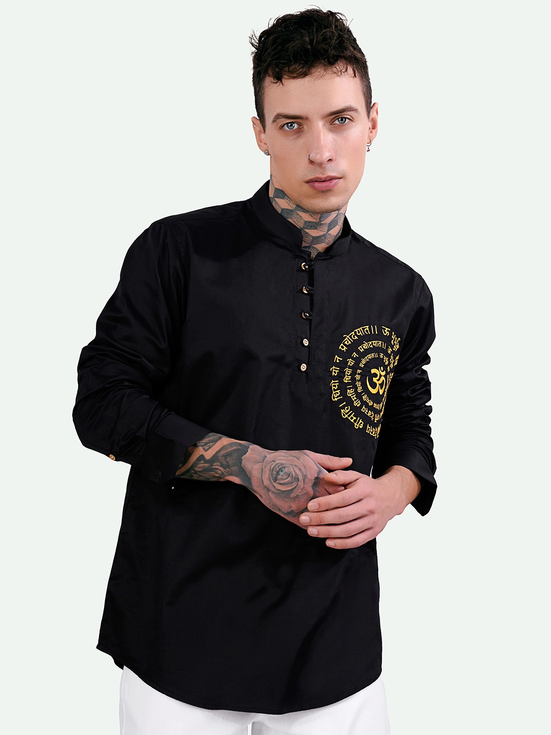 

FRENCH CROWN Standard Gayatri Mantra Embroidered Opaque Cotton Casual Shirt, Black