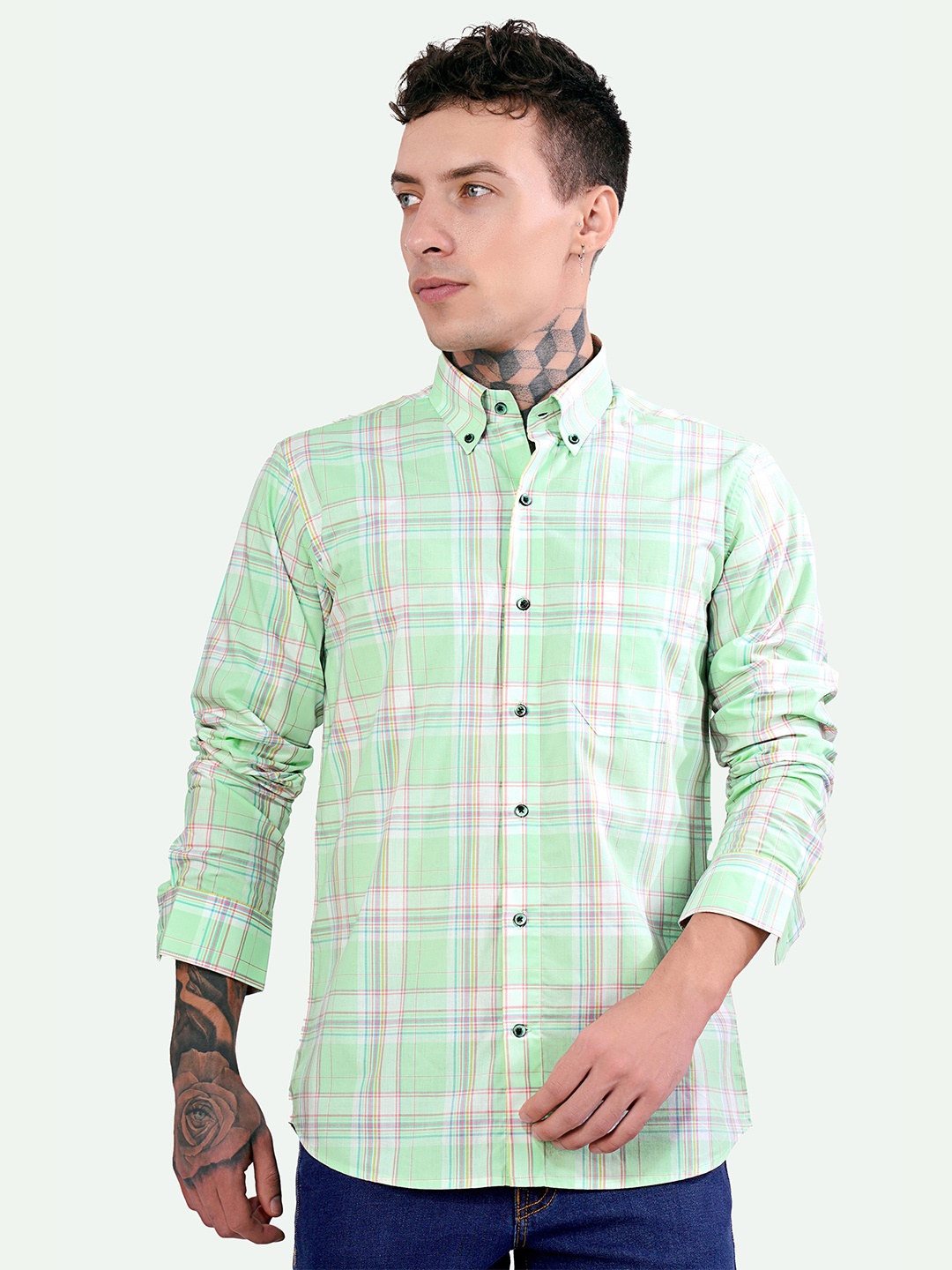 

FRENCH CROWN Standard Tartan Checks Checked Button-Down Collar Cotton Casual Shirt, Green