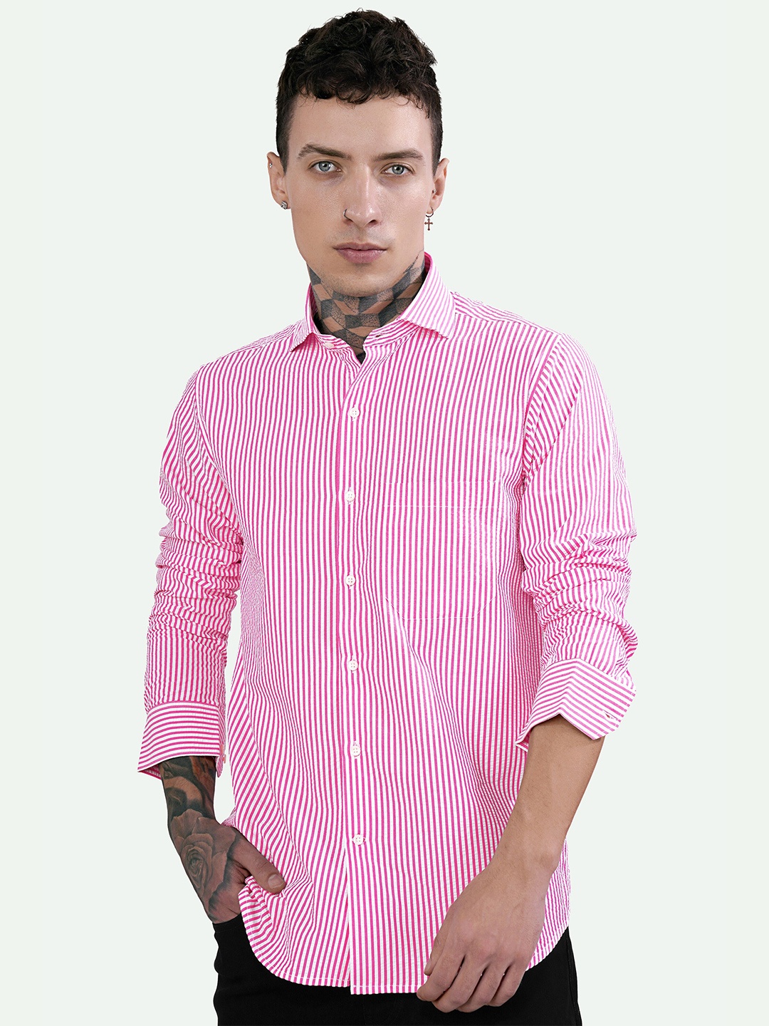 

FRENCH CROWN Standard Striped Cotton Casual Shirt, Pink