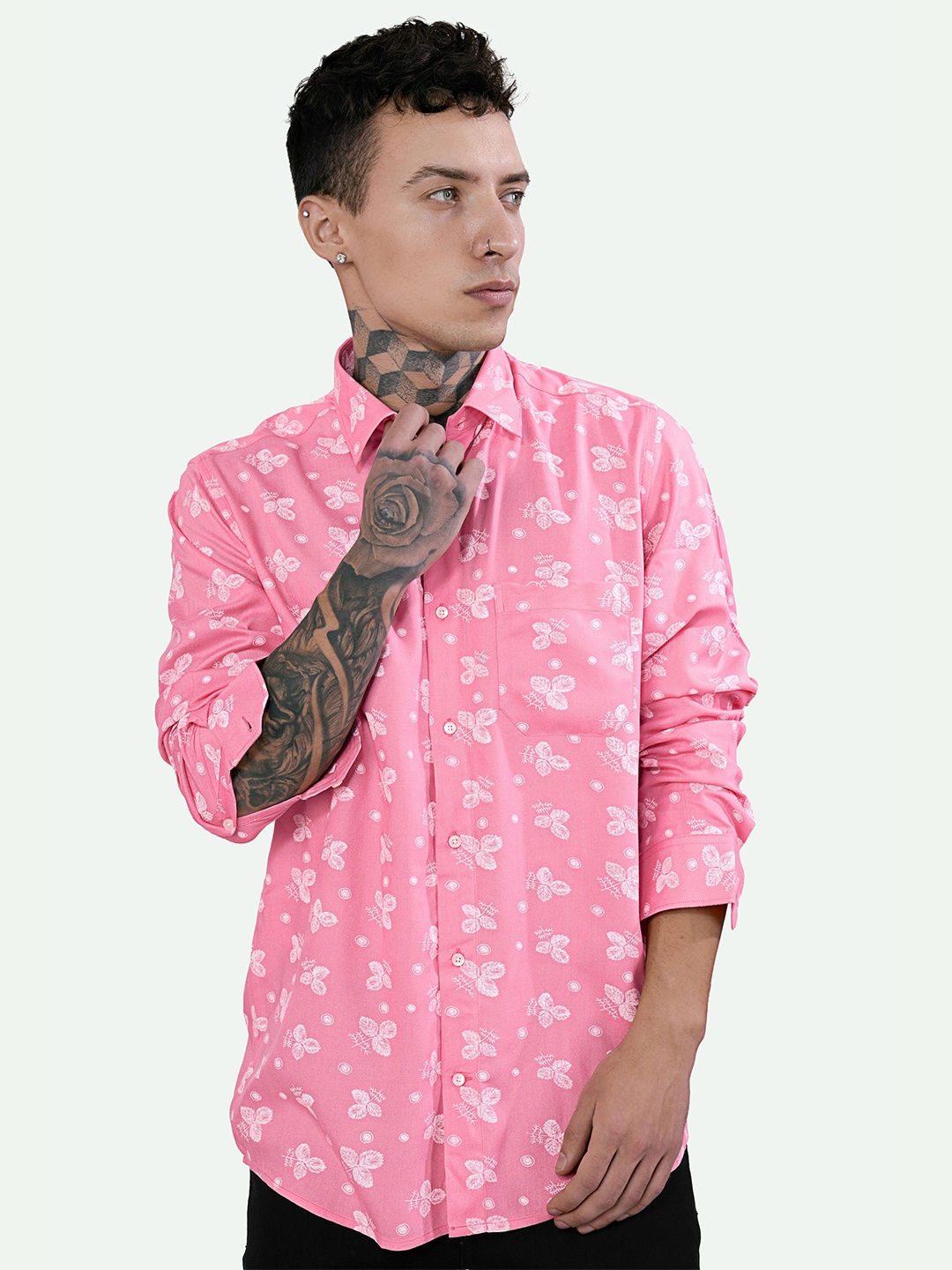 

FRENCH CROWN Standard Floral Printed Spread Collar Cotton Casual Shirt, Pink