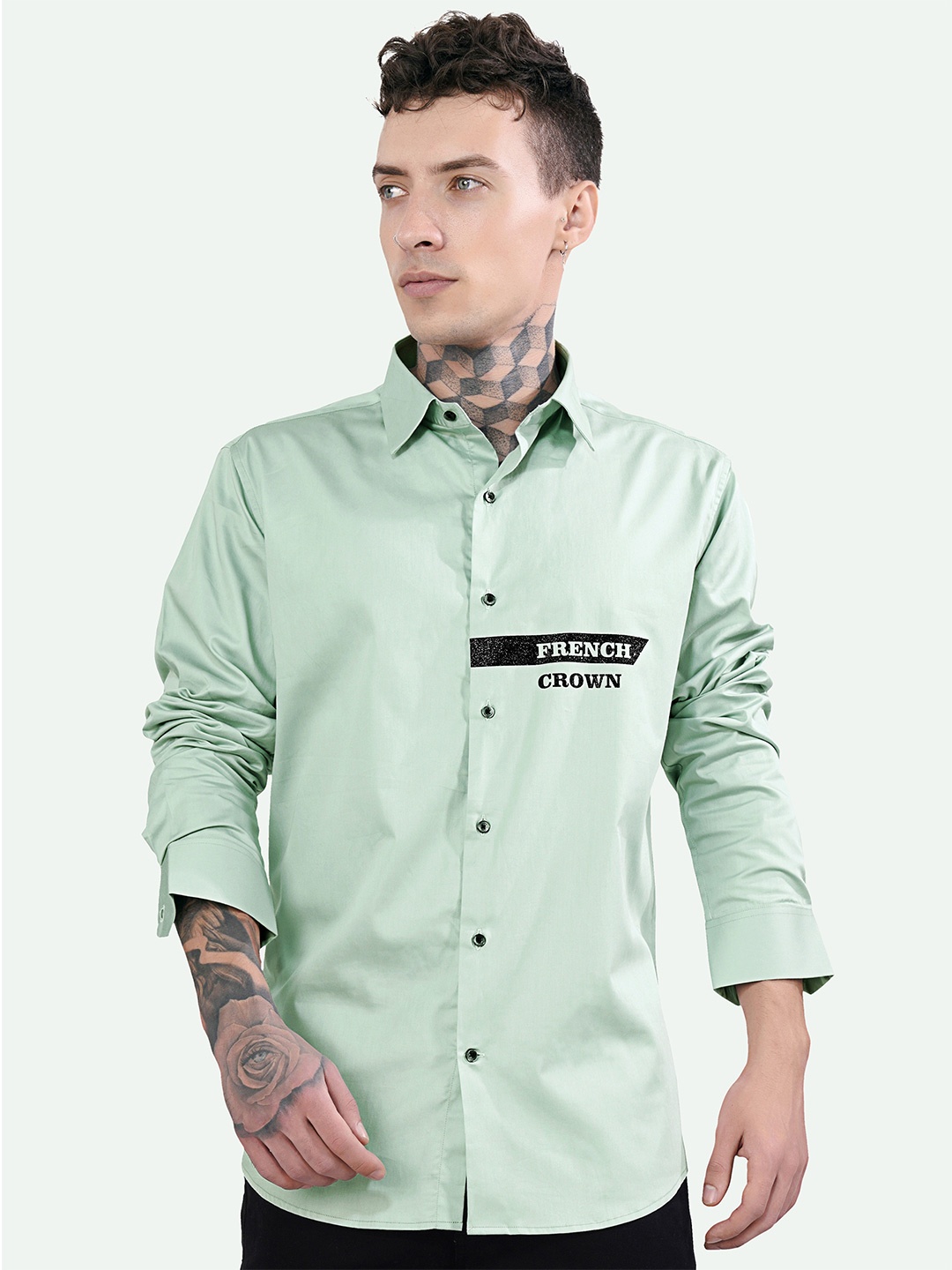 

FRENCH CROWN Standard Typography Printed Spread Collar Cotton Casual Shirt, Green