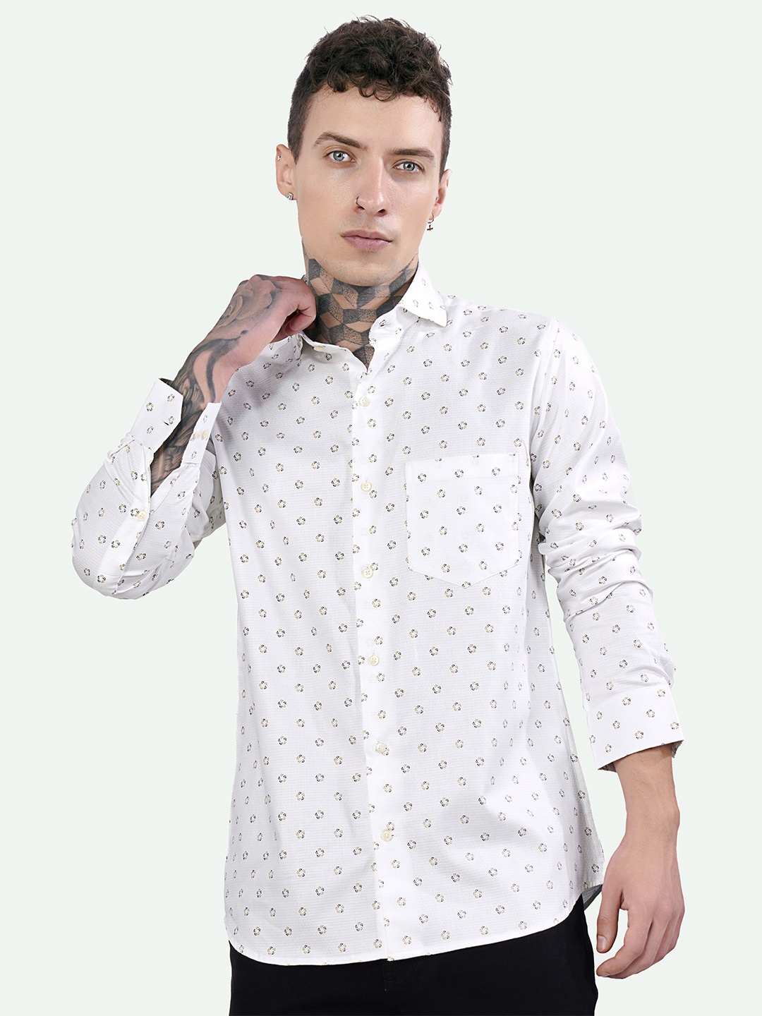

FRENCH CROWN Standard Micro Ditsy Printed Spread Collar Long Sleeves Cotton Casual Shirt, White