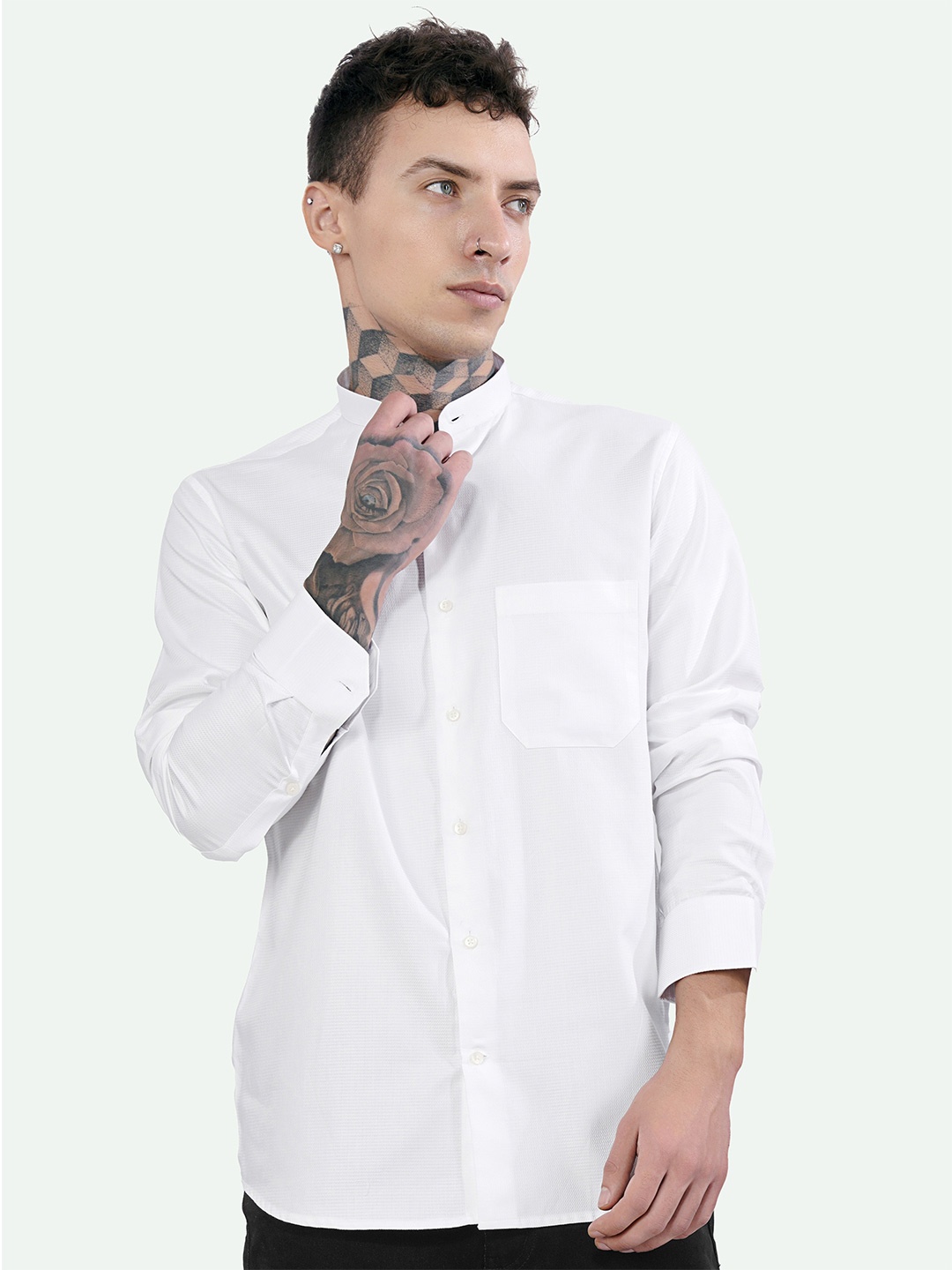 

FRENCH CROWN Standard Band Collar Long Sleeves Cotton Casual Shirt, White