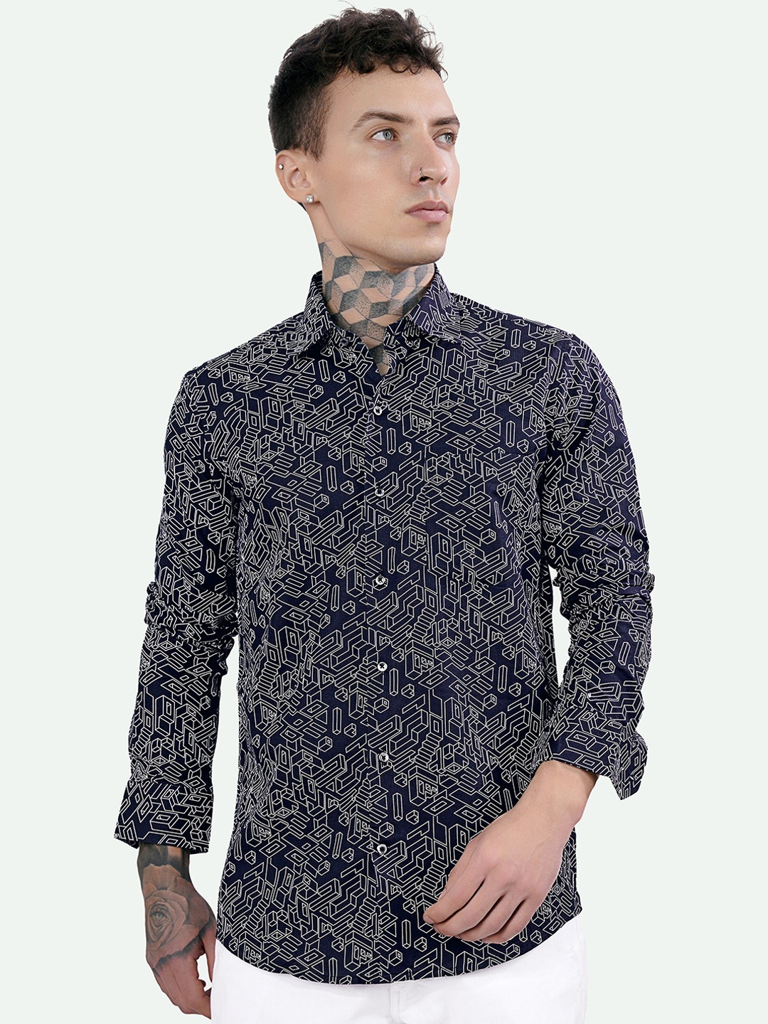 

FRENCH CROWN Standard Geometric Printed Spread Collar Long Sleeves Cotton Casual Shirt, Blue