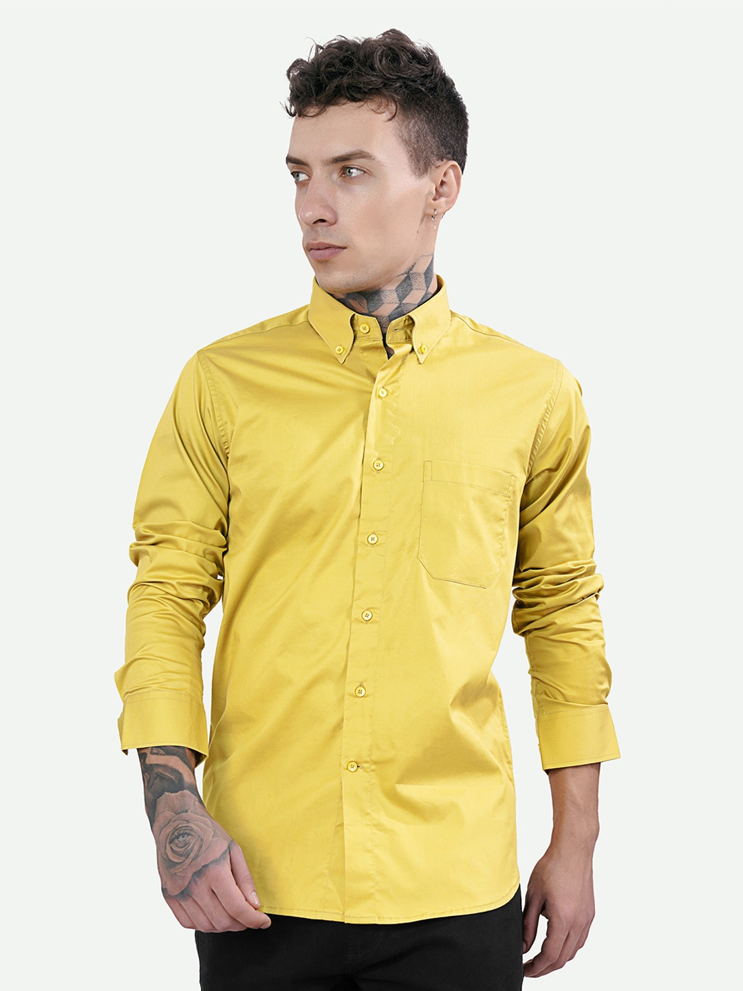 

FRENCH CROWN Standard Button-Down Collar Opaque Cotton Casual Shirt, Yellow