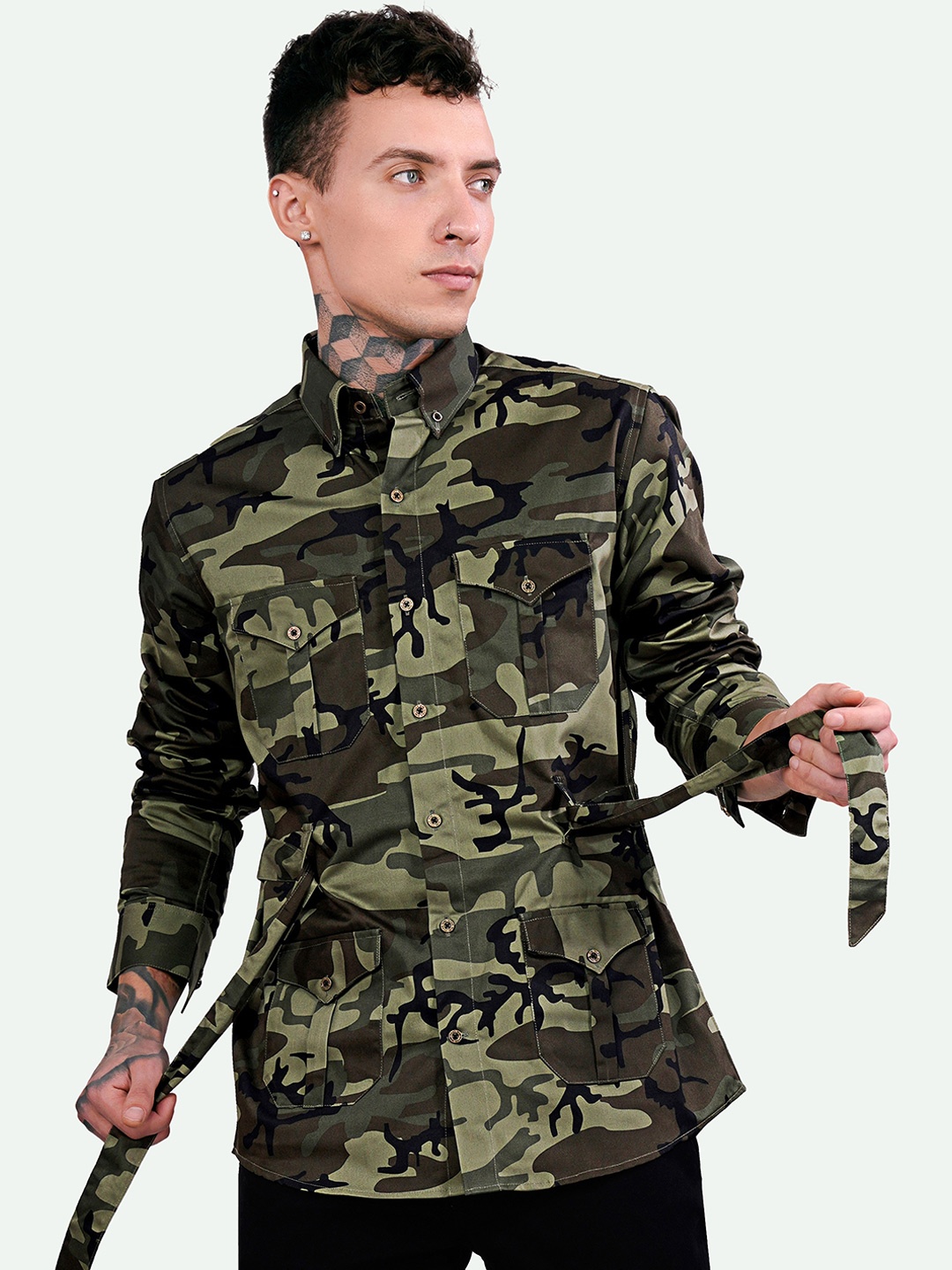 

FRENCH CROWN Standard Camouflage Printed Spread Collar Cotton Casual Shirt, Green