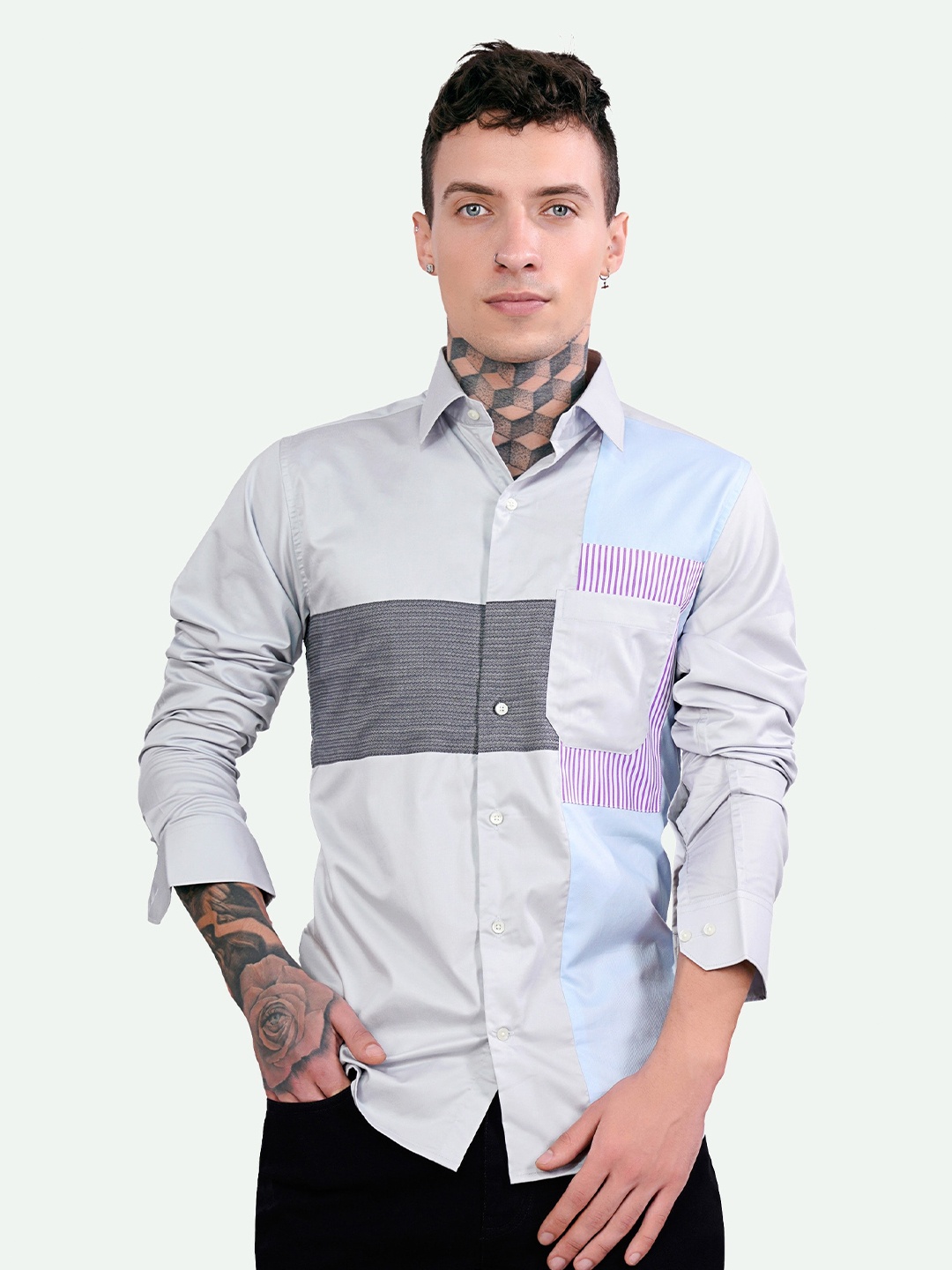 

FRENCH CROWN Spread Collar Standard Casual Cotton Shirt, Grey