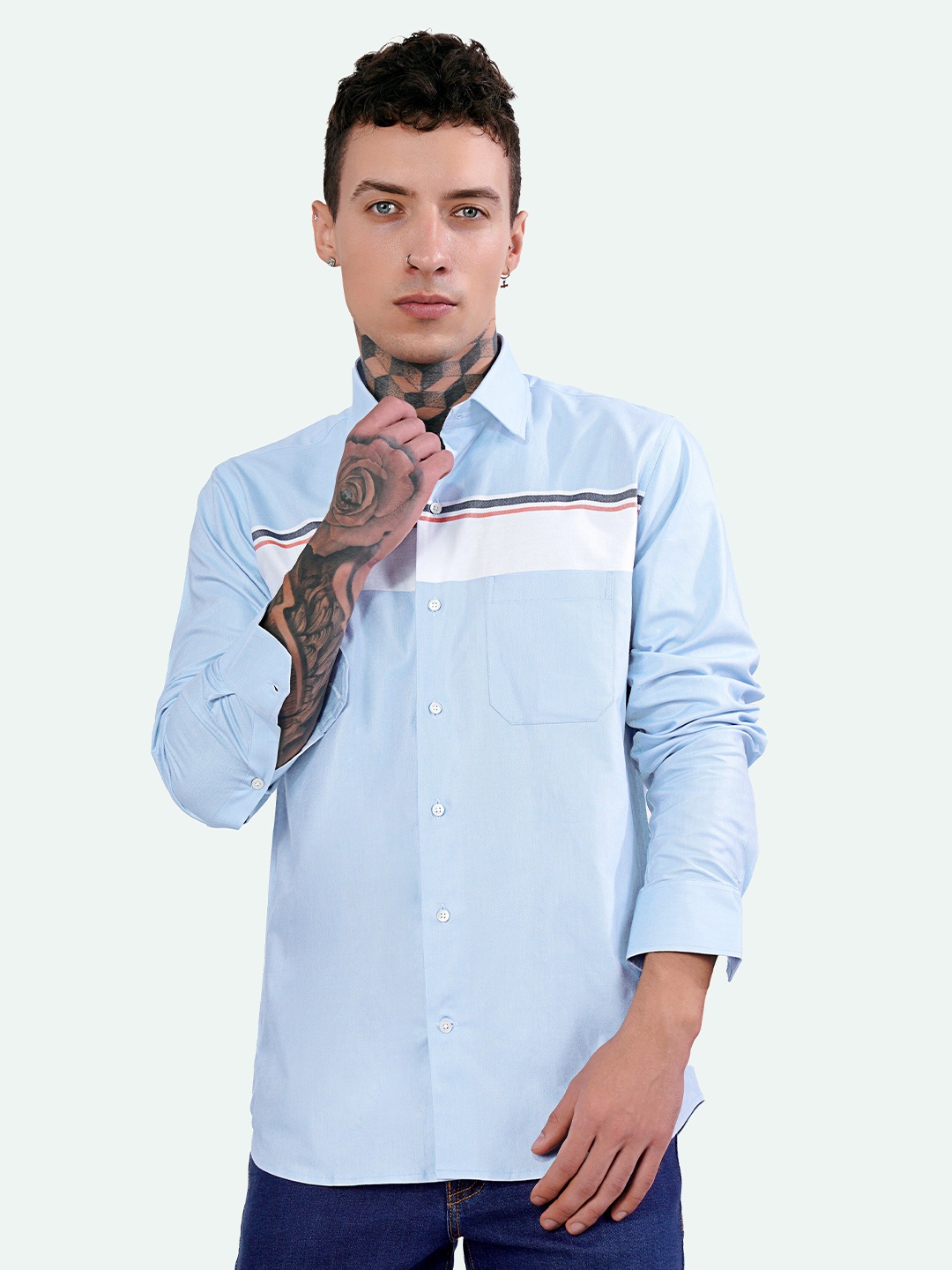 

FRENCH CROWN Standard Colourblocked Spread Collar Cotton Oxford Casual Shirt, Blue