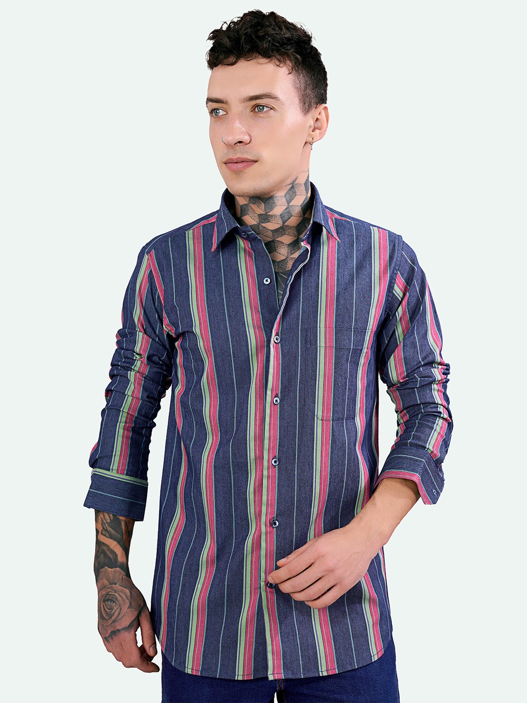 

FRENCH CROWN Standard Striped Cotton Casual Shirt, Blue