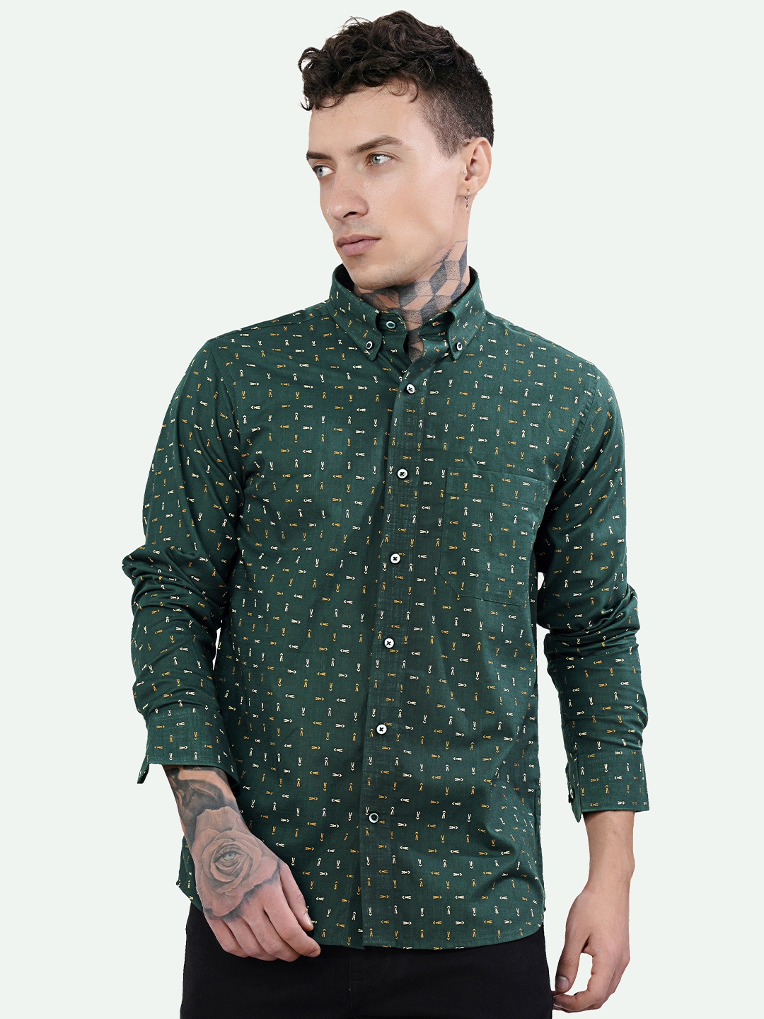 

FRENCH CROWN Standard Abstract Printed Casual Giza Cotton Shirt, Green