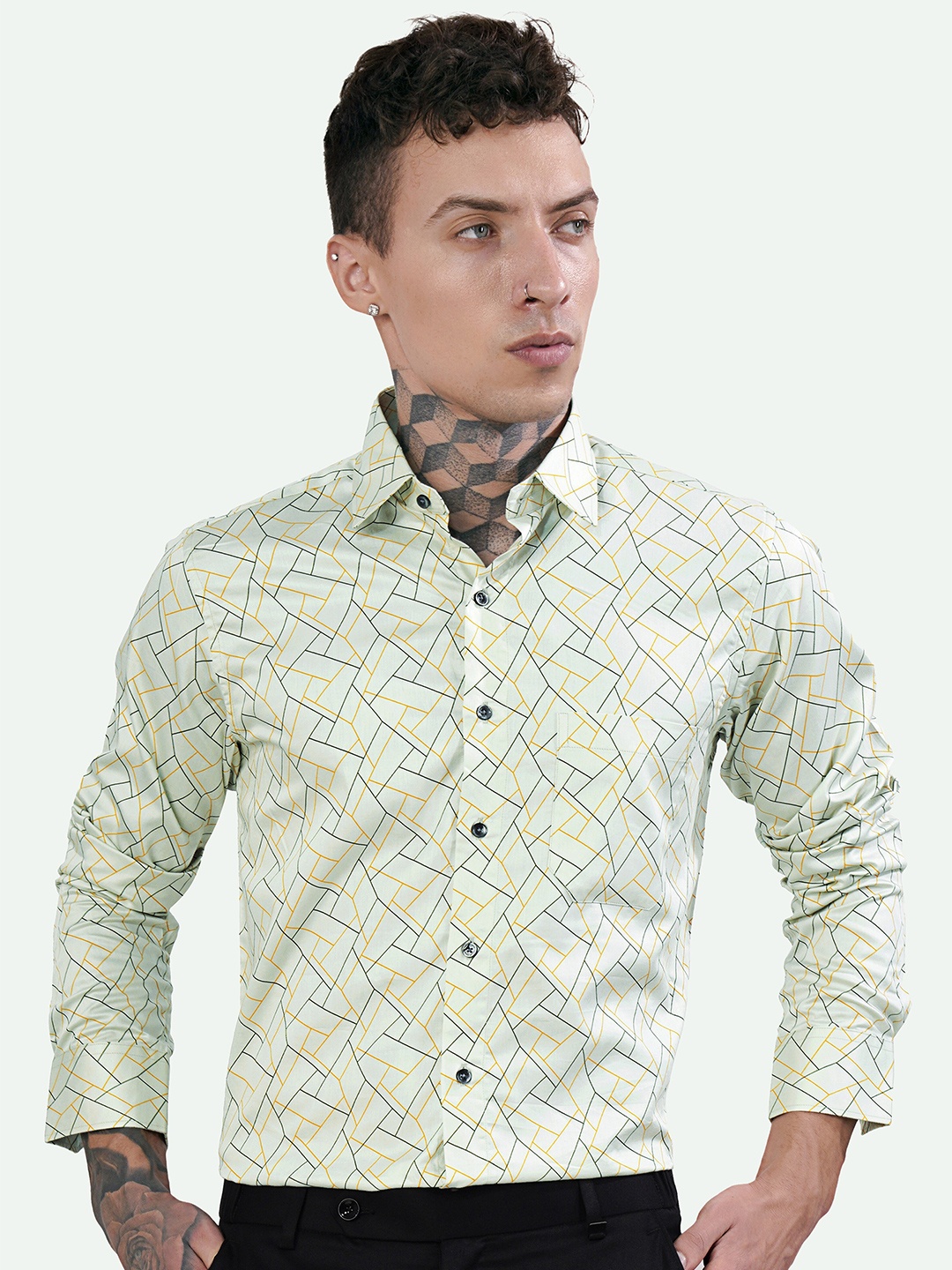 

FRENCH CROWN Standard Abstract Printed Cotton Casual Shirt, Green