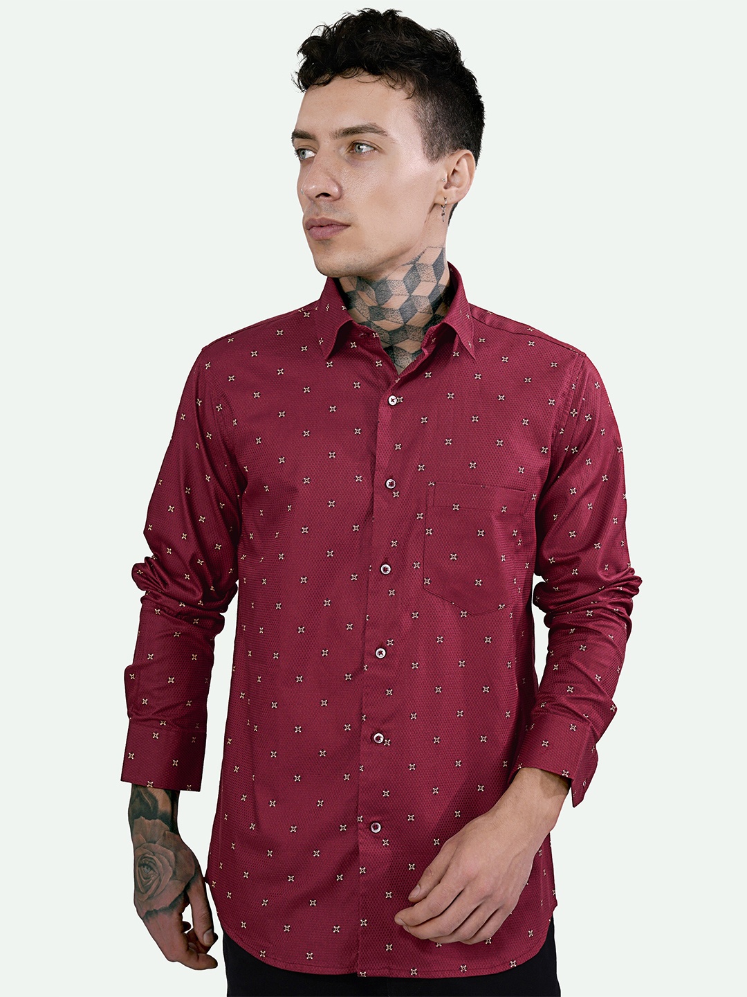 

FRENCH CROWN Standard Micro Disty Printed Cotton Casual Shirt, Maroon