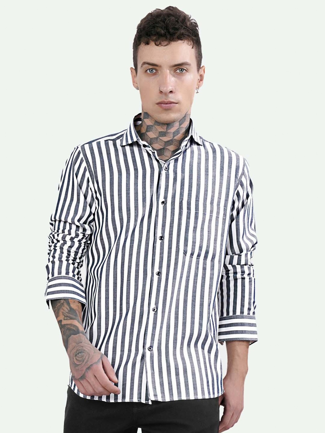 

FRENCH CROWN Standard Vertical Striped Opaque Cotton Casual Shirt, Grey