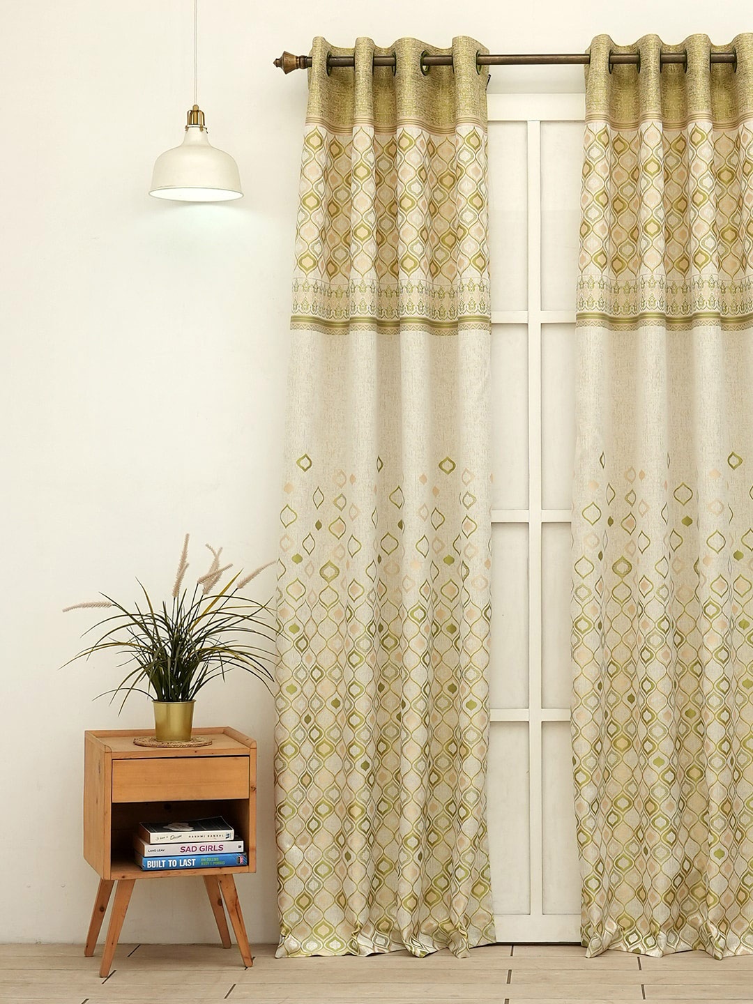 

Ariana Damask Diya Olive Green & White Geometric Room Darkening Long Door Curtain