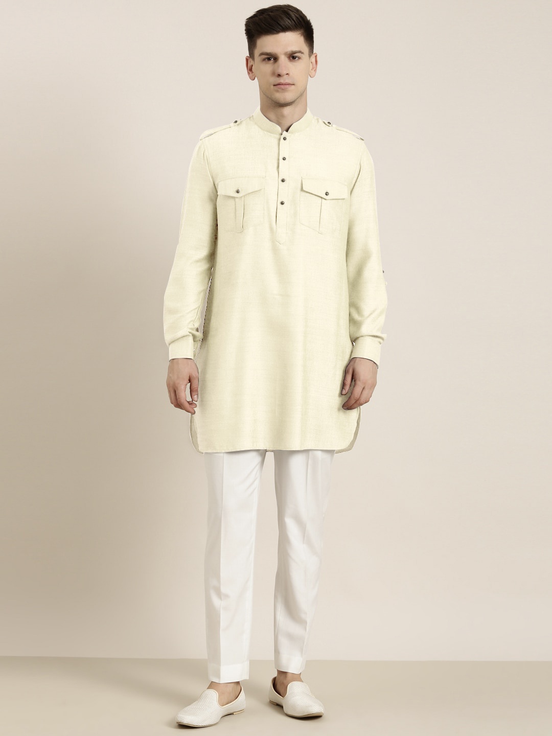 

TheEthnic.Co Pure Cotton Pathani Kurta With Pyjamas, Cream