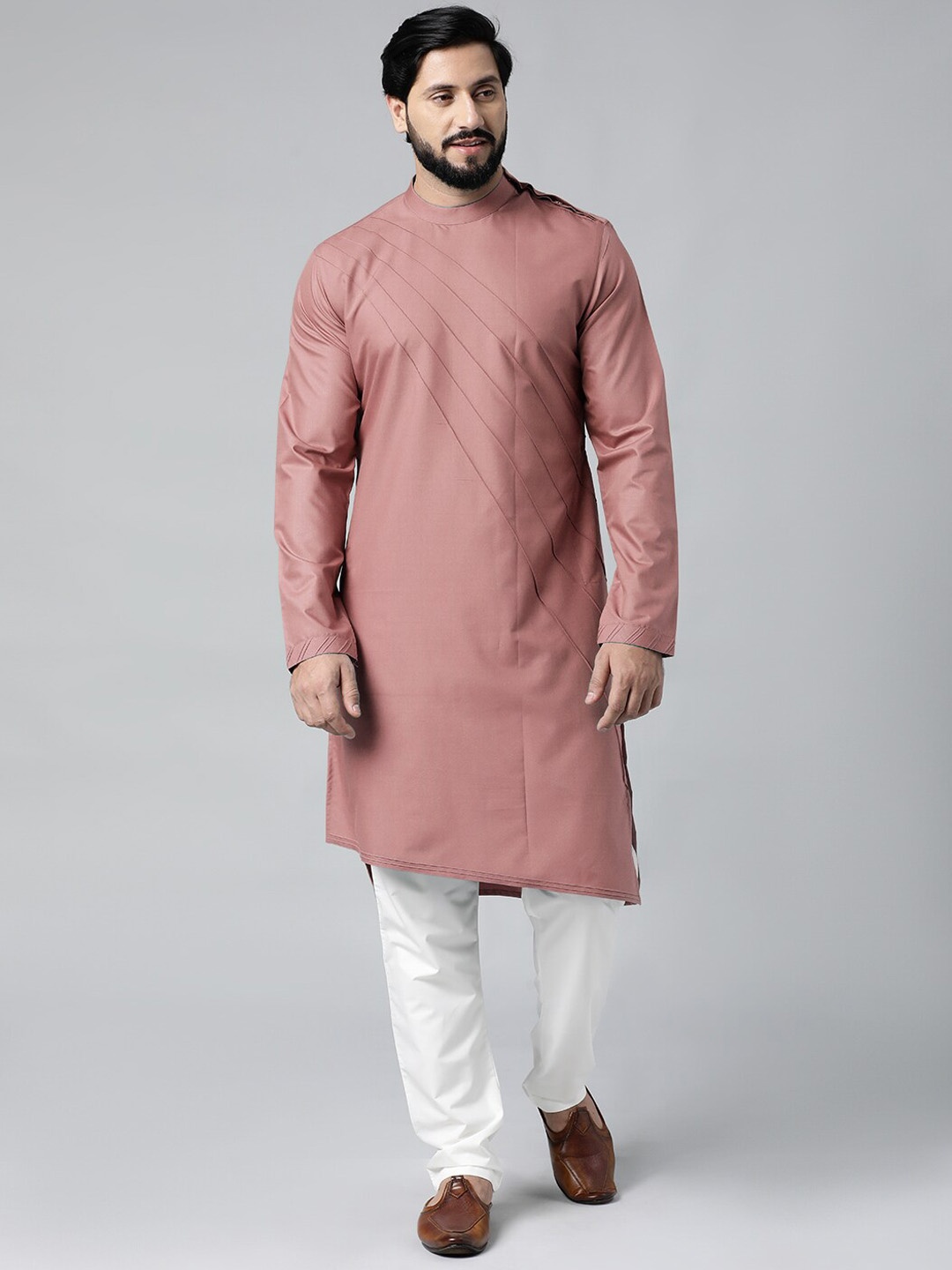 

TheEthnic.Co Band Collar Asymmetric Pure Cotton Straight Kurta with Pyjamas, Pink