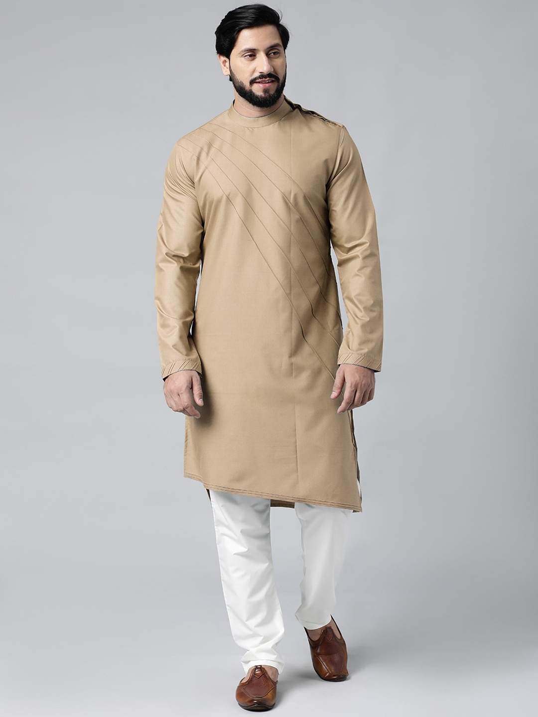 

TheEthnic.Co Band Collar Asymmetric Pure Cotton Straight Kurta with Pyjamas, Beige