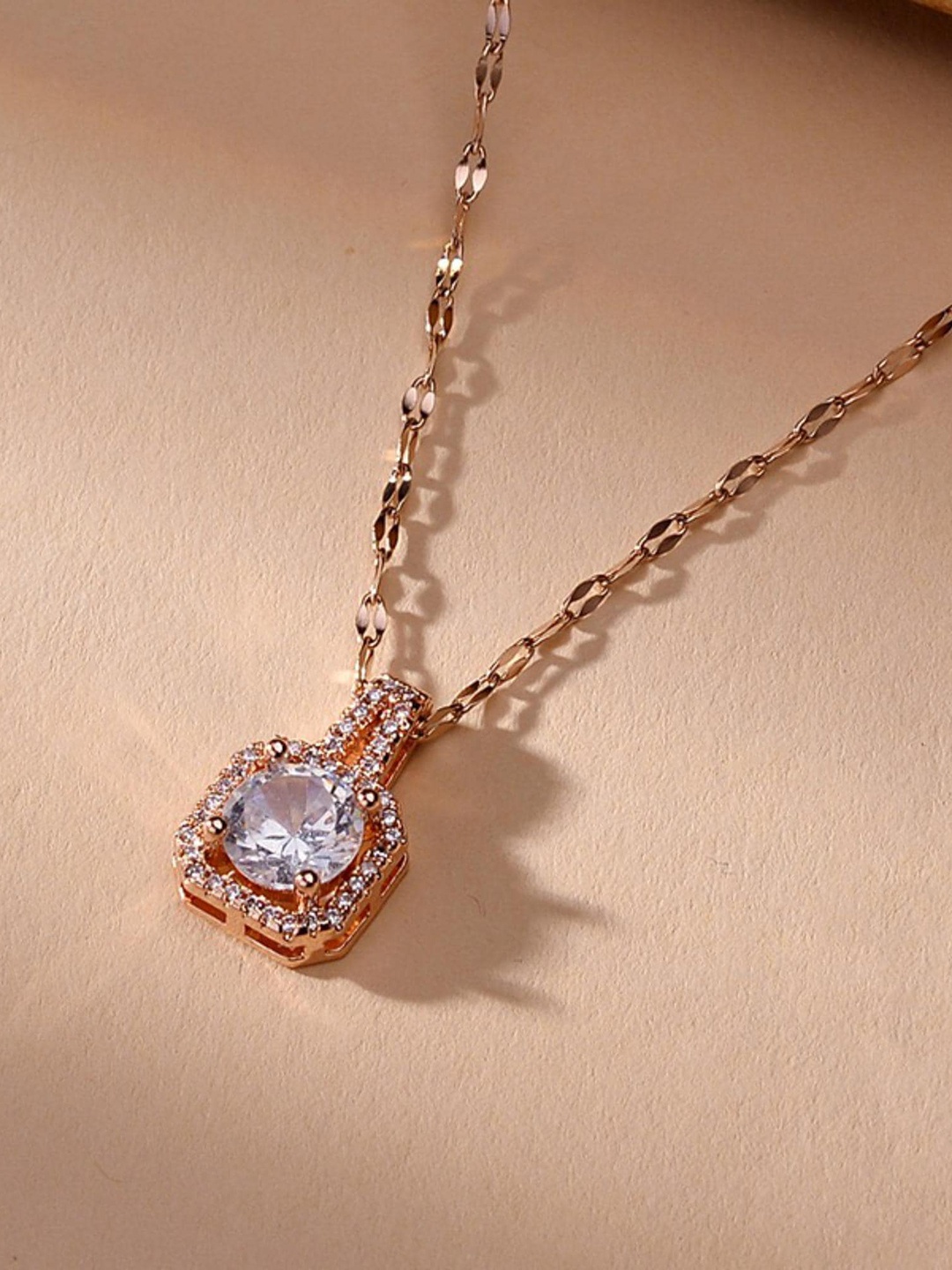 

MYKI Rose Gold-Plated Stainless Steel Cubic Zirconia Studded Pendant With Chain