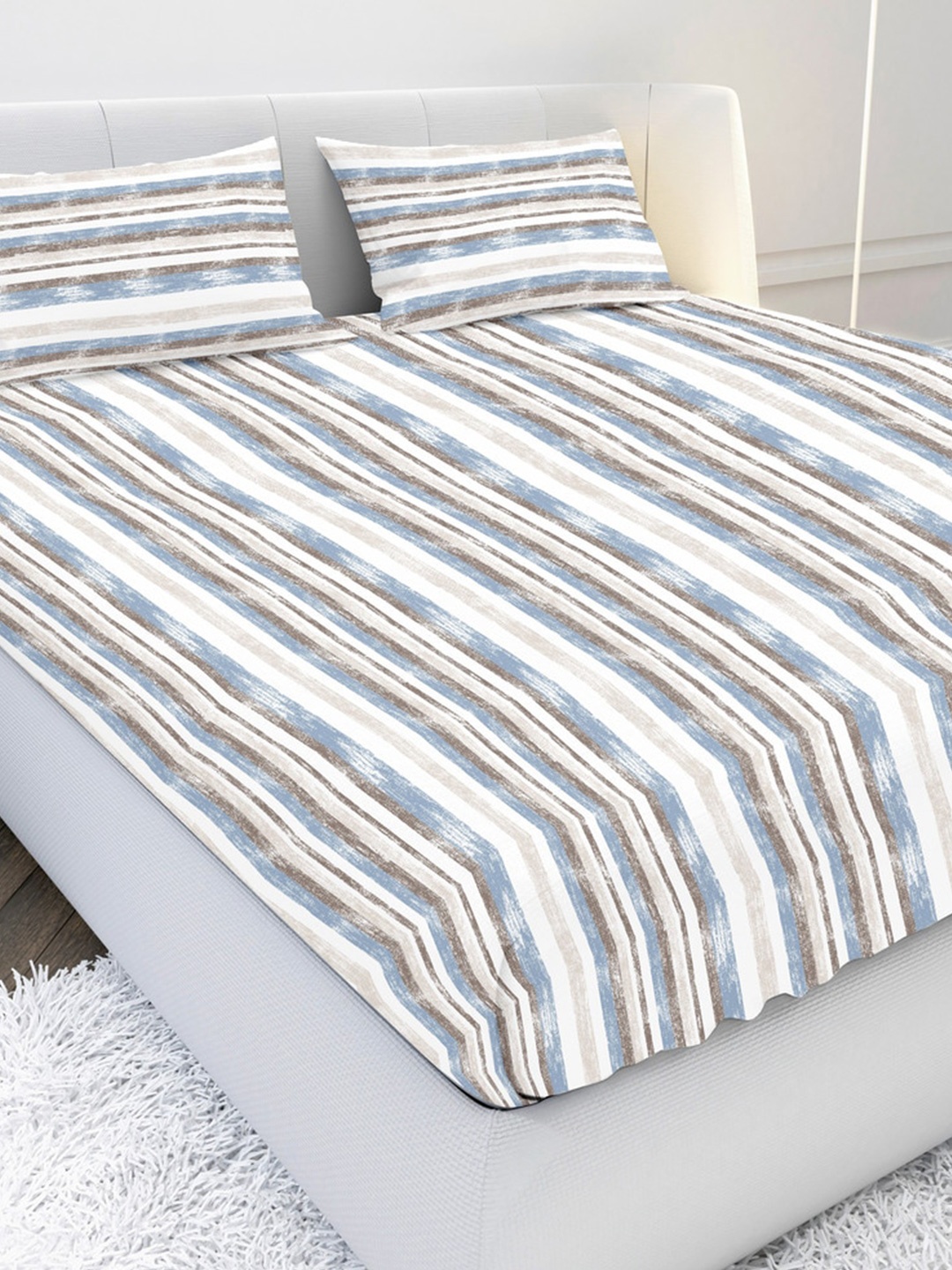 

MAYFAIR HOMES LONDON Blue & White Striped 210 TC King Bedsheet with 2 Pillow Covers