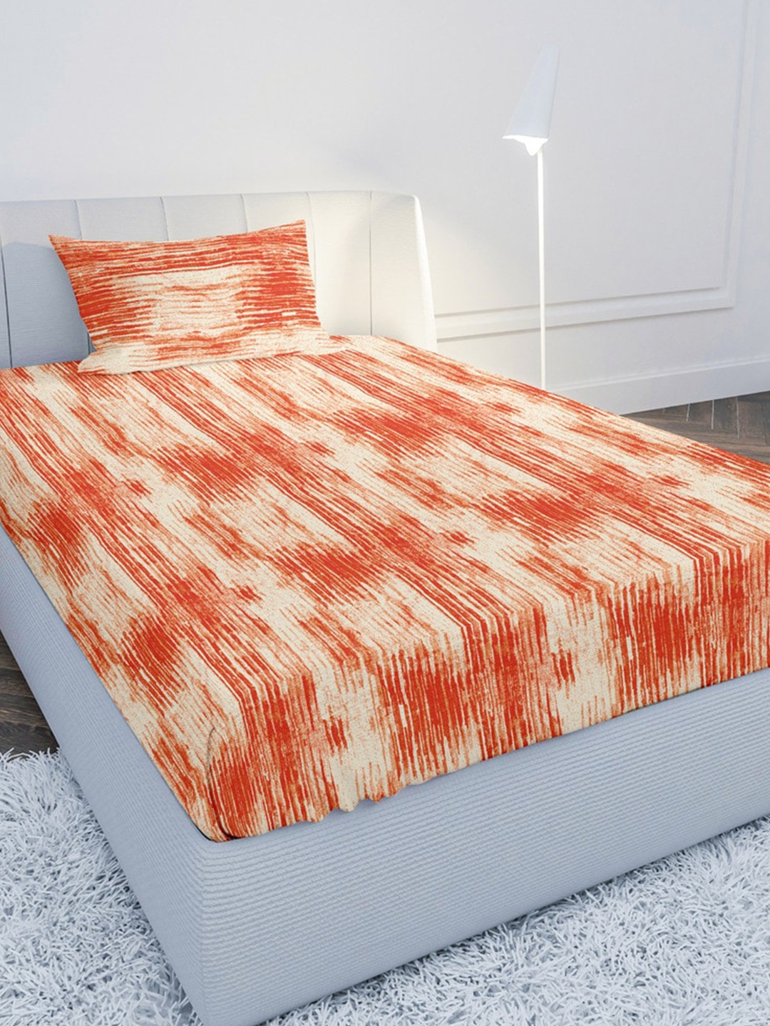 

MAYFAIR HOMES LONDON Orange & Beige 120 TC Single Bedsheet with 1 Pillow Covers