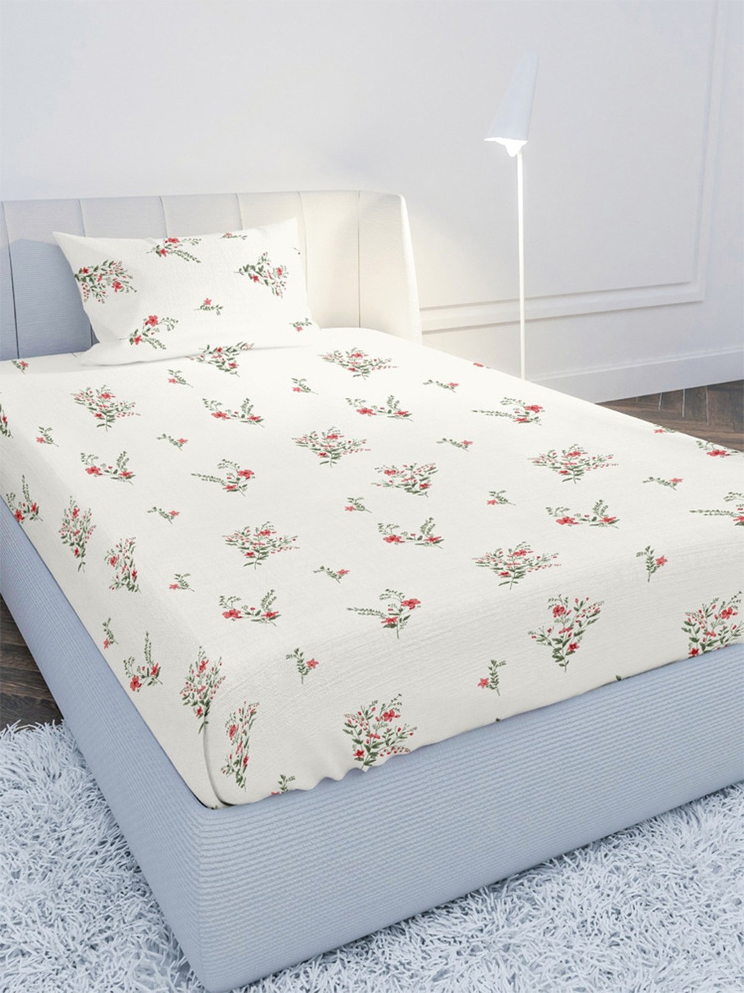

MAYFAIR HOMES LONDON White & Red Floral 120 TC Single Bedsheet with 1 Pillow Covers