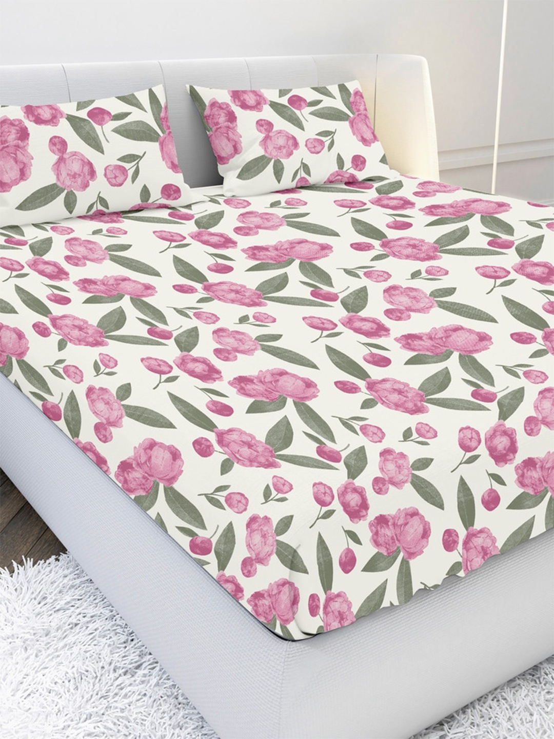 

MAYFAIR HOMES LONDON White & Pink Floral 144 TC King Bedsheet with 2 Pillow Covers